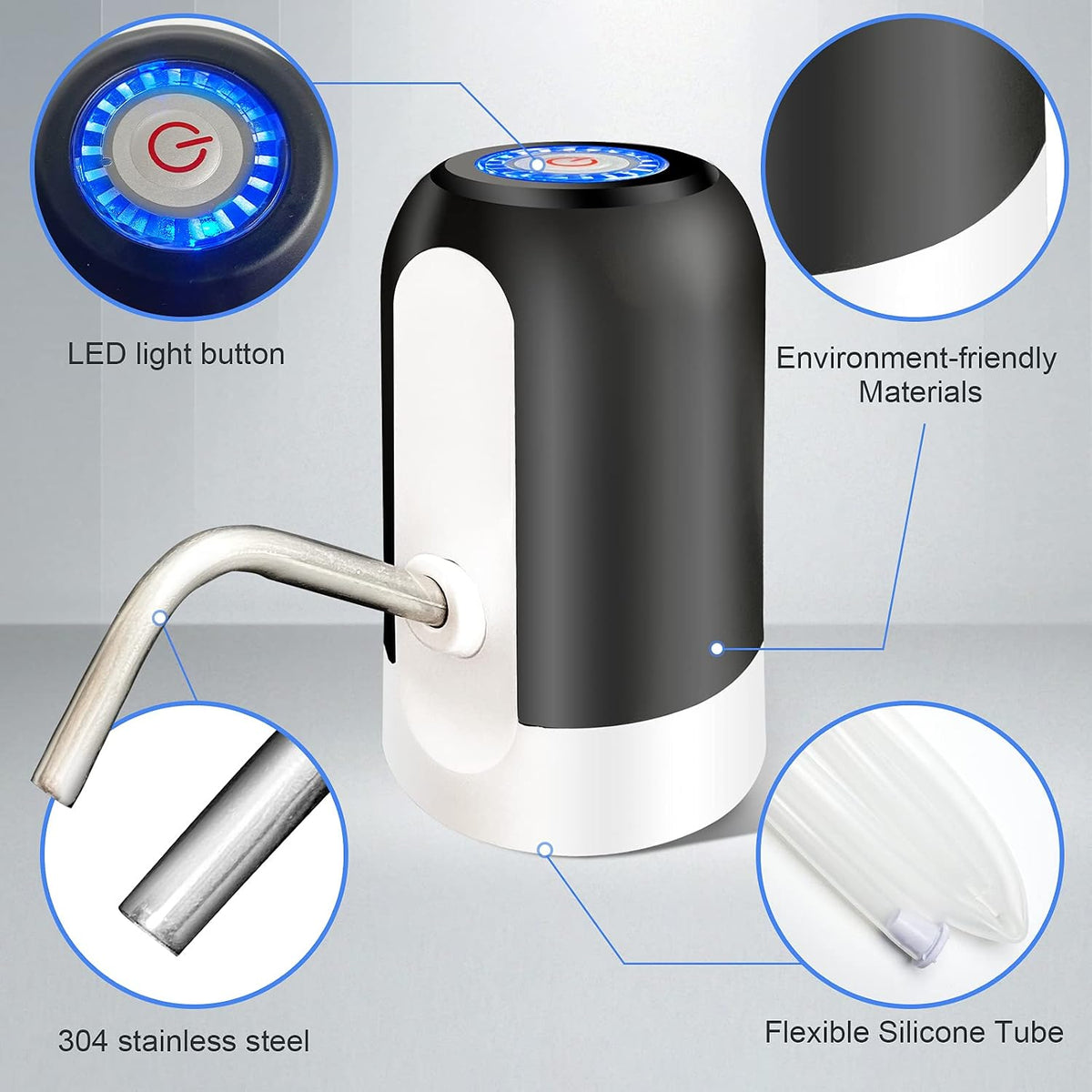 SKY-TOUCH Automatic Water Dispenser, USB Rechargeable Bottle Drinking Water Radio Water Pump, Black - 2