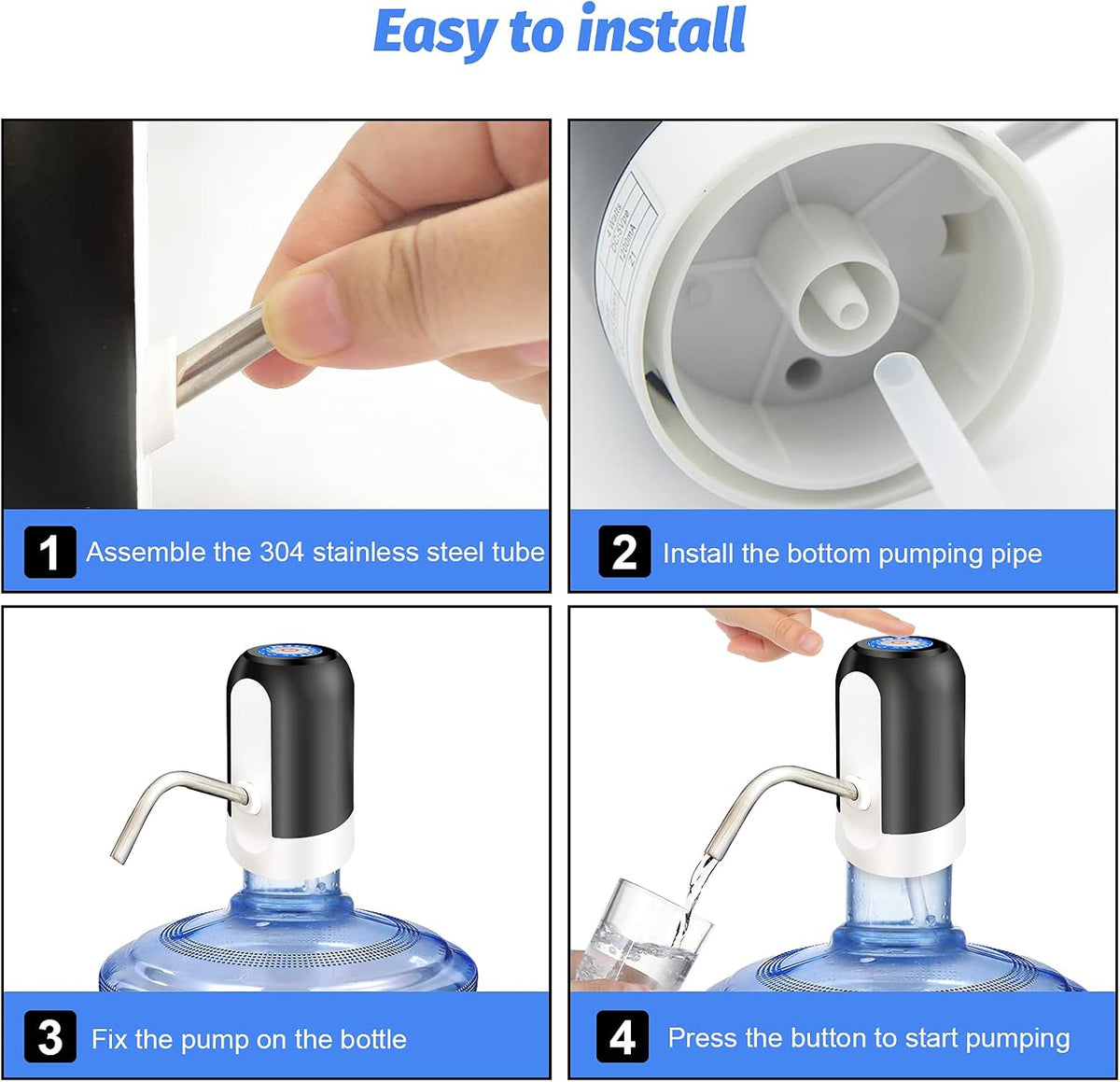 SKY-TOUCH Automatic Water Dispenser, USB Rechargeable Bottle Drinking Water Radio Water Pump, Black - 4