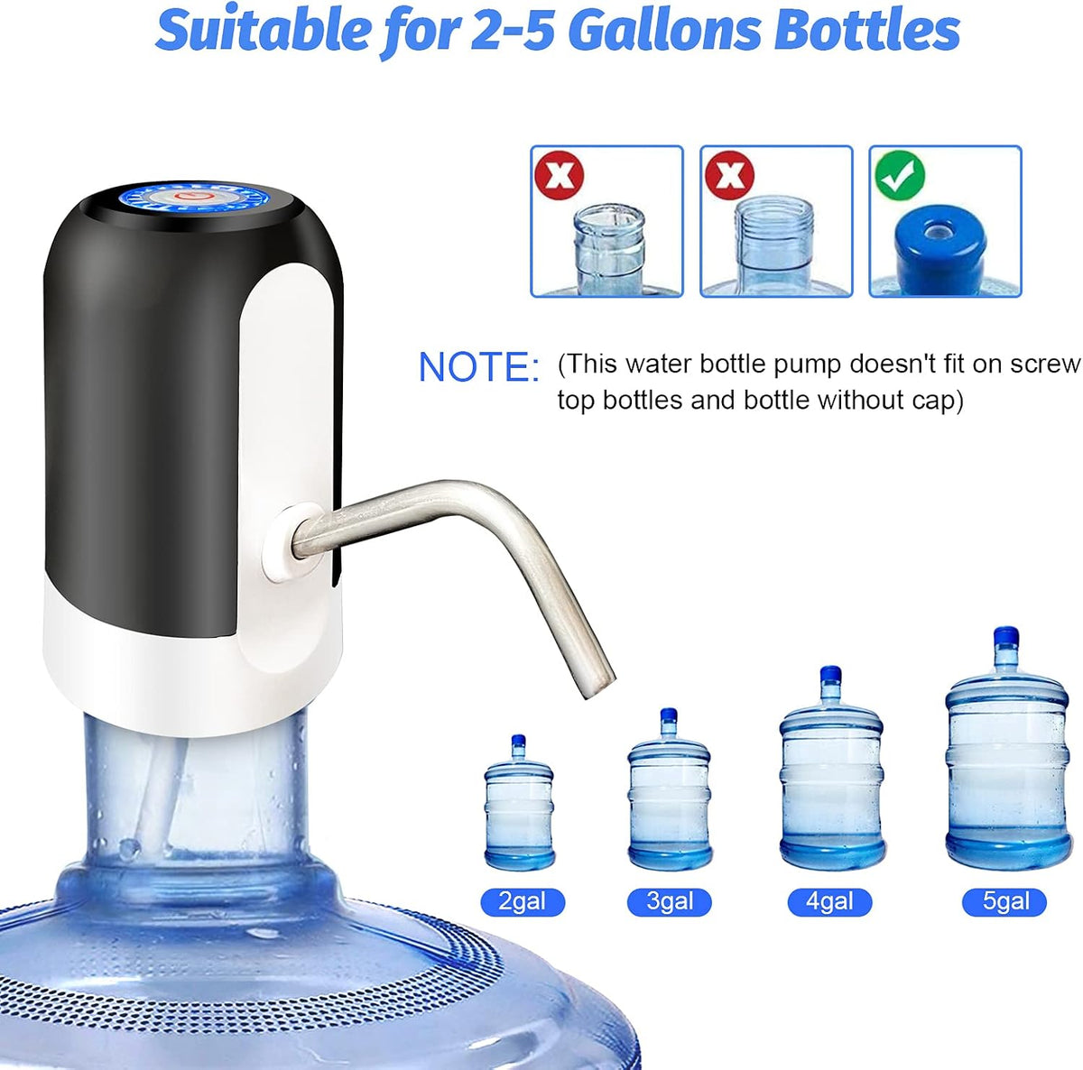 SKY-TOUCH Automatic Water Dispenser, USB Rechargeable Bottle Drinking Water Radio Water Pump, Black - 5