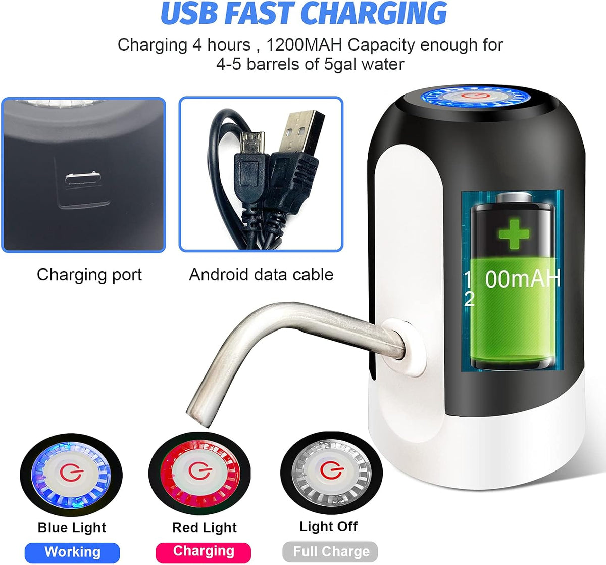 SKY-TOUCH Automatic Water Dispenser, USB Rechargeable Bottle Drinking Water Radio Water Pump, Black - 6