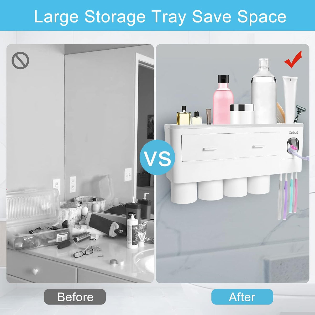 SKY-TOUCH Wall-Mounted Toothbrush Holder, 4-Cup Multifunctional Organizer with Drawer for Bathroom, Space-Saving Toothbrush and Toothpaste Holder, White & Grey, 37x10x20cm - 2