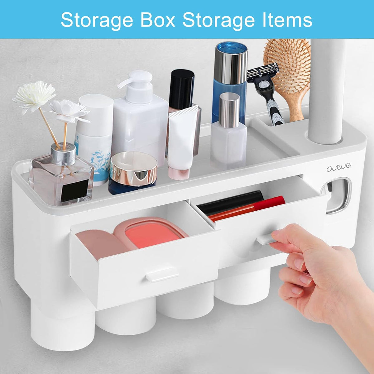 SKY-TOUCH Wall-Mounted Toothbrush Holder, 4-Cup Multifunctional Organizer with Drawer for Bathroom, Space-Saving Toothbrush and Toothpaste Holder, White & Grey, 37x10x20cm - 3