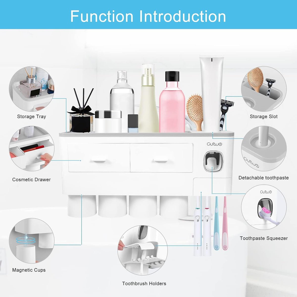 SKY-TOUCH Wall-Mounted Toothbrush Holder, 4-Cup Multifunctional Organizer with Drawer for Bathroom, Space-Saving Toothbrush and Toothpaste Holder, White & Grey, 37x10x20cm - 4
