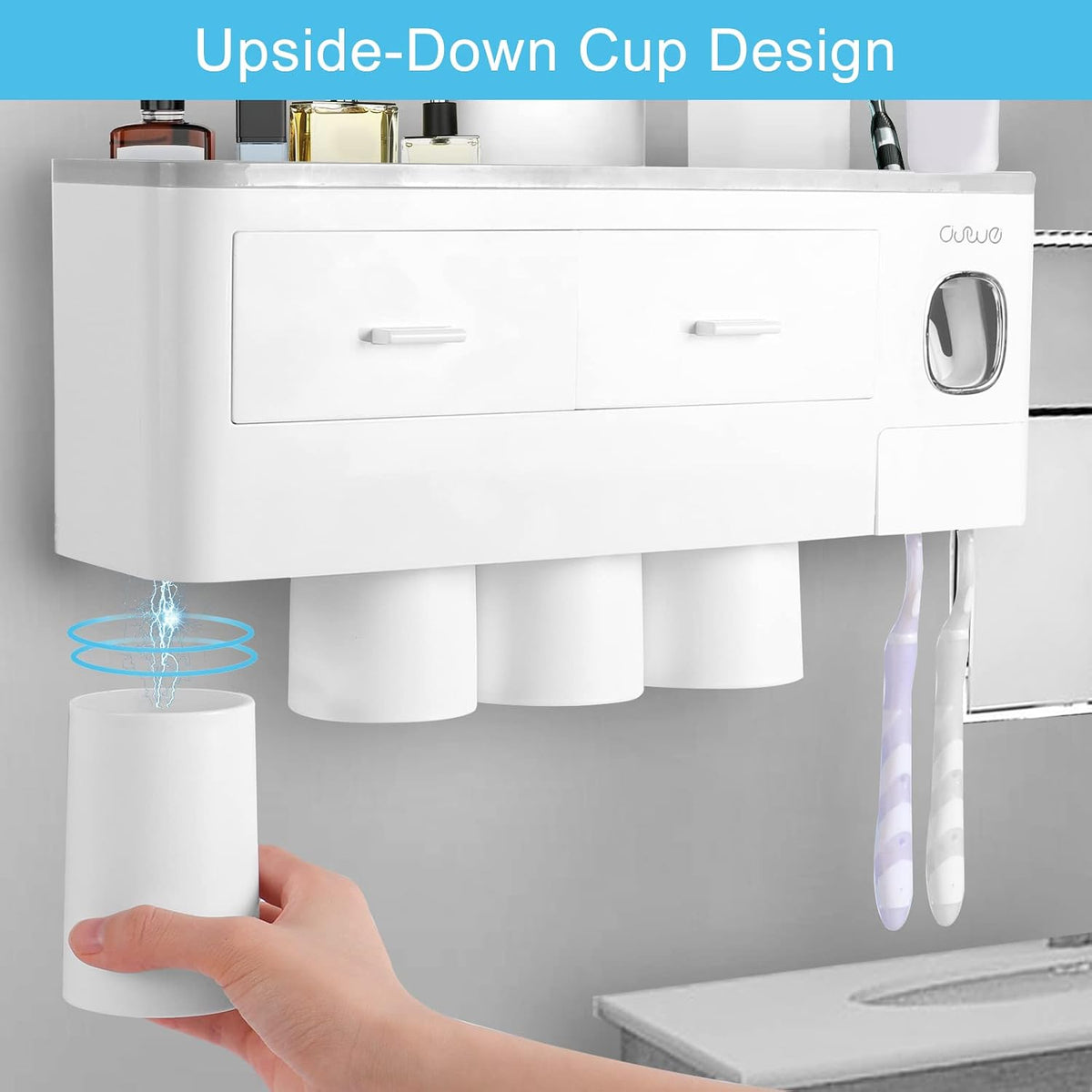 SKY-TOUCH Wall-Mounted Toothbrush Holder, 4-Cup Multifunctional Organizer with Drawer for Bathroom, Space-Saving Toothbrush and Toothpaste Holder, White & Grey, 37x10x20cm - 5
