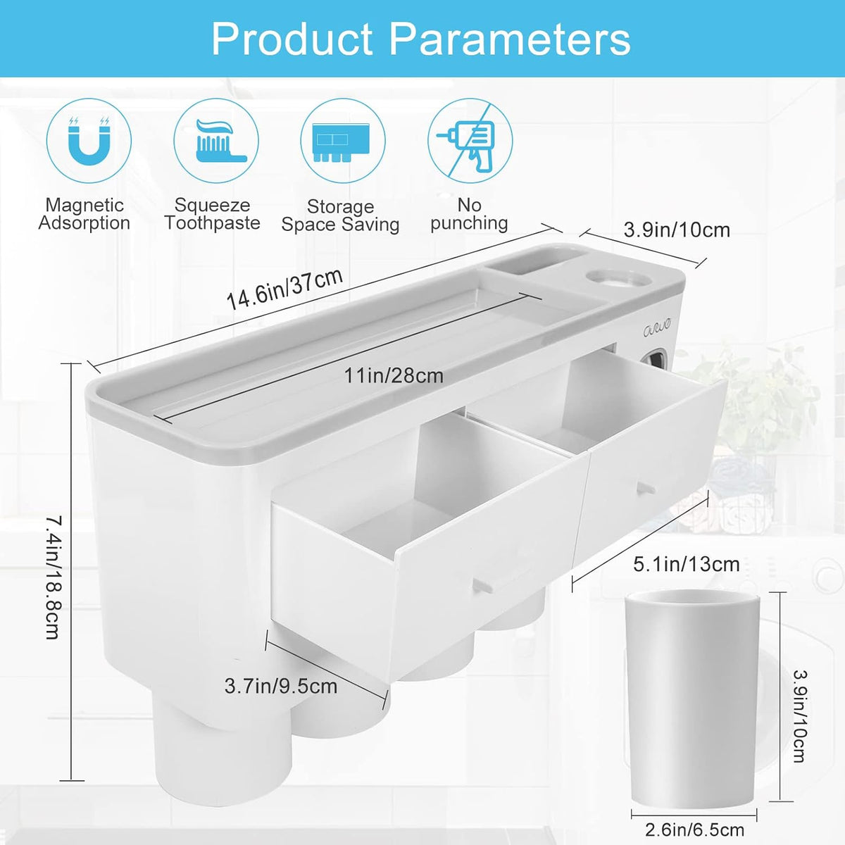 SKY-TOUCH Wall-Mounted Toothbrush Holder, 4-Cup Multifunctional Organizer with Drawer for Bathroom, Space-Saving Toothbrush and Toothpaste Holder, White & Grey, 37x10x20cm - 6