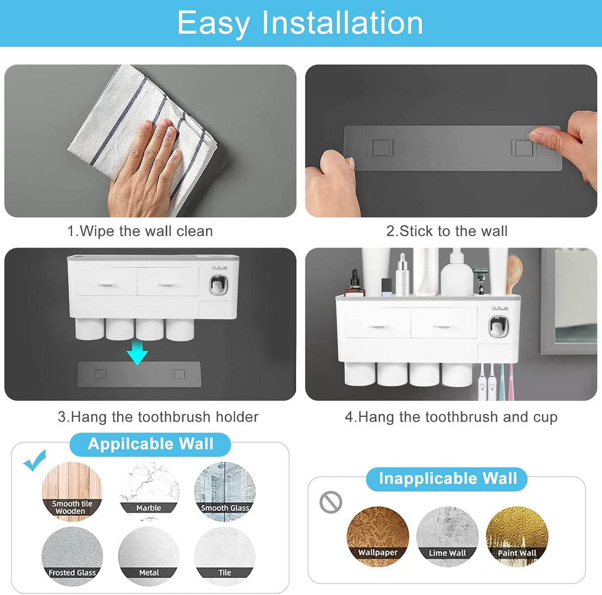 SKY-TOUCH Wall-Mounted Toothbrush Holder, 4-Cup Multifunctional Organizer with Drawer for Bathroom, Space-Saving Toothbrush and Toothpaste Holder, White & Grey, 37x10x20cm - 7