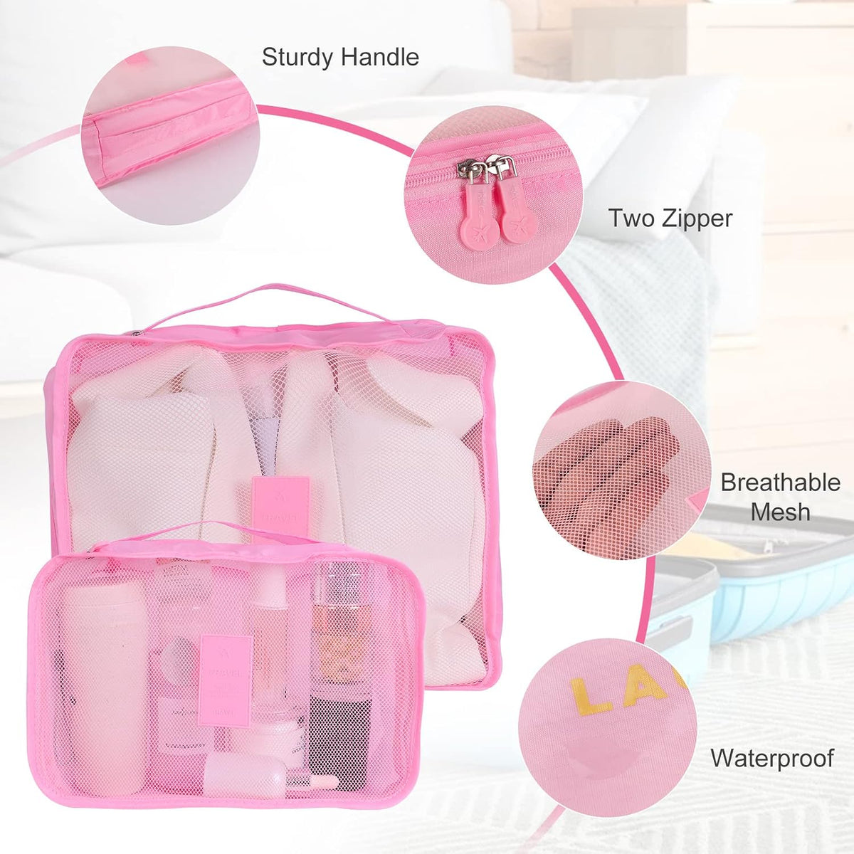 SKY-TOUCH 6-Piece Travel Luggage Organizer Set, Waterproof Packing Cubes and Laundry Bags, Travel Accessories,Pink - 2