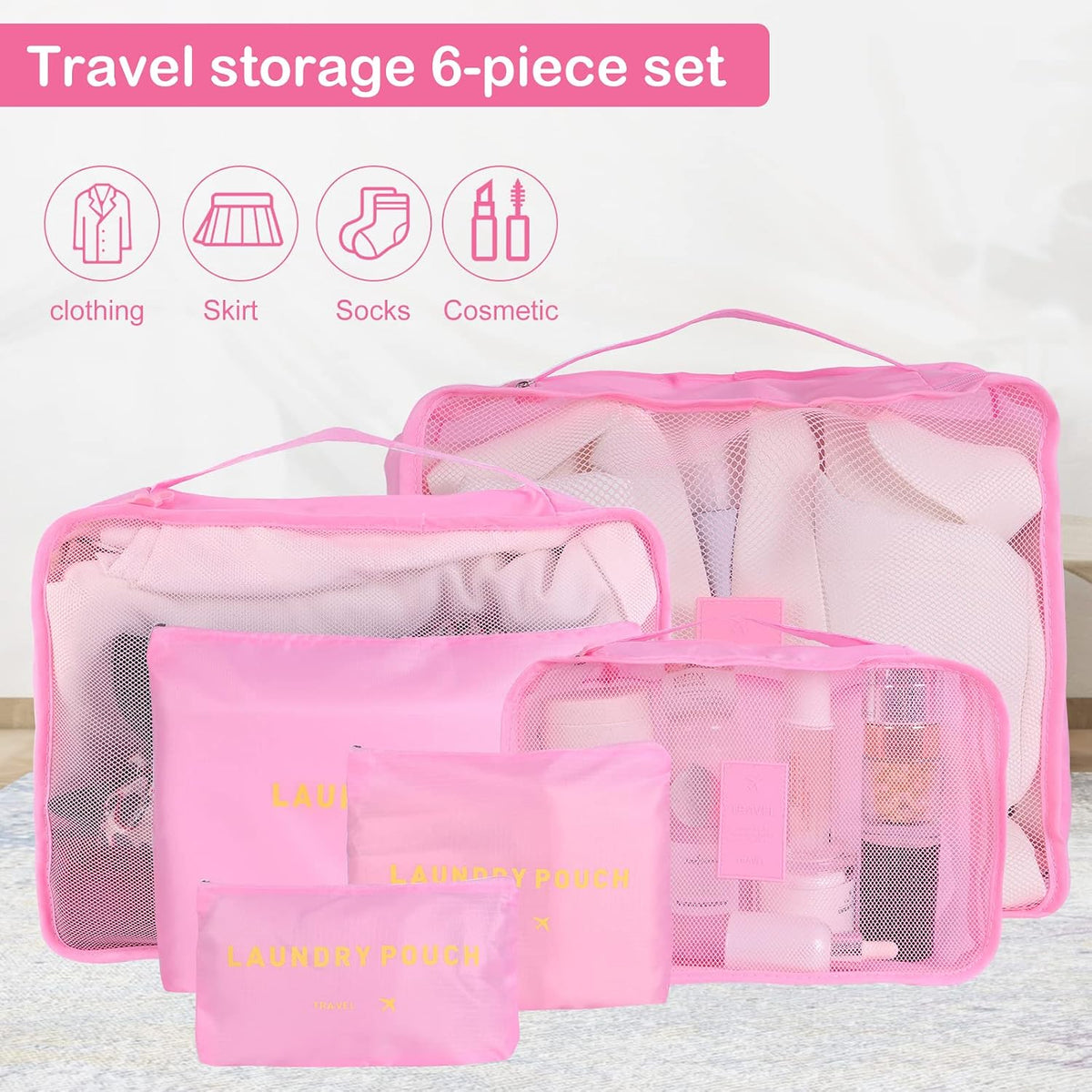 SKY-TOUCH 6-Piece Travel Luggage Organizer Set, Waterproof Packing Cubes and Laundry Bags, Travel Accessories,Pink - 3