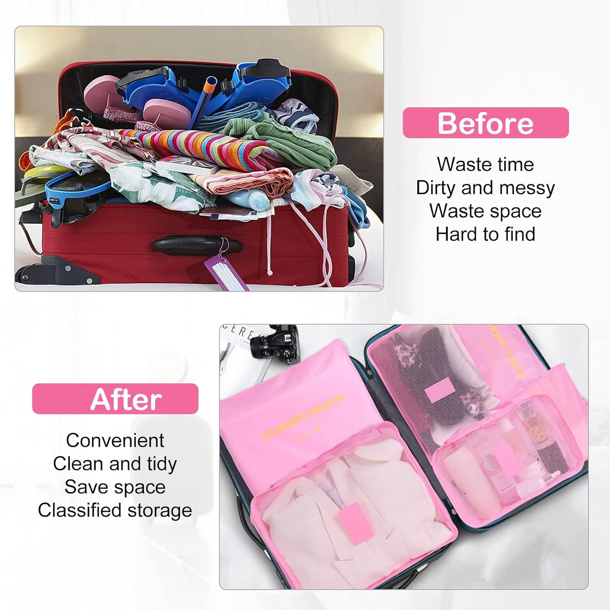 SKY-TOUCH 6-Piece Travel Luggage Organizer Set, Waterproof Packing Cubes and Laundry Bags, Travel Accessories,Pink - 4