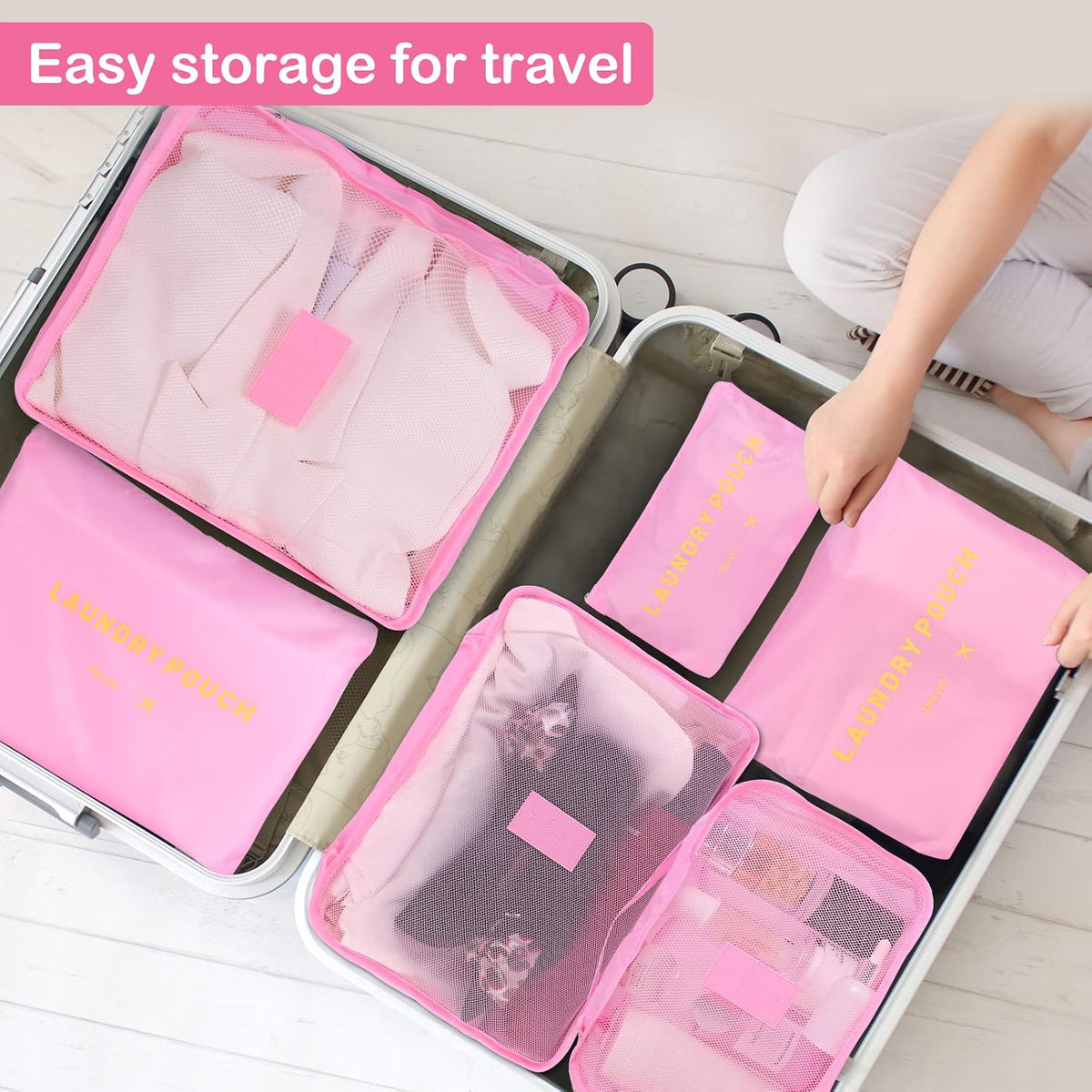 SKY-TOUCH 6-Piece Travel Luggage Organizer Set, Waterproof Packing Cubes and Laundry Bags, Travel Accessories,Pink - 6
