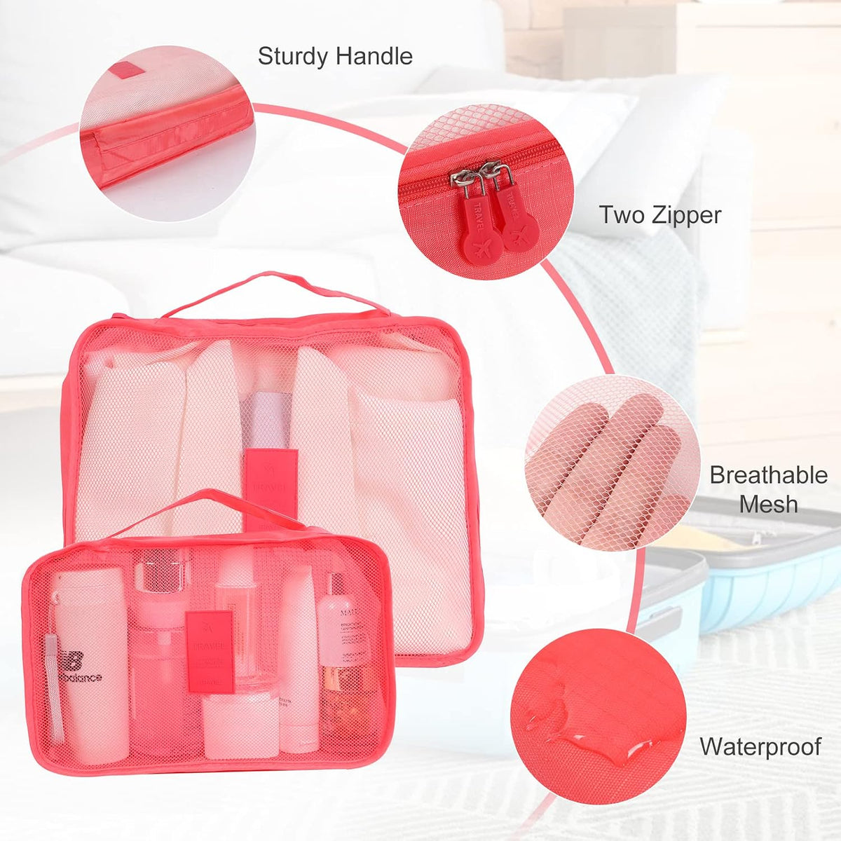 SKY-TOUCH 6-Piece Travel Luggage Organizer Set, Waterproof Packing Cubes and Laundry Bags, Travel Accessories, Watermelon Red - 2