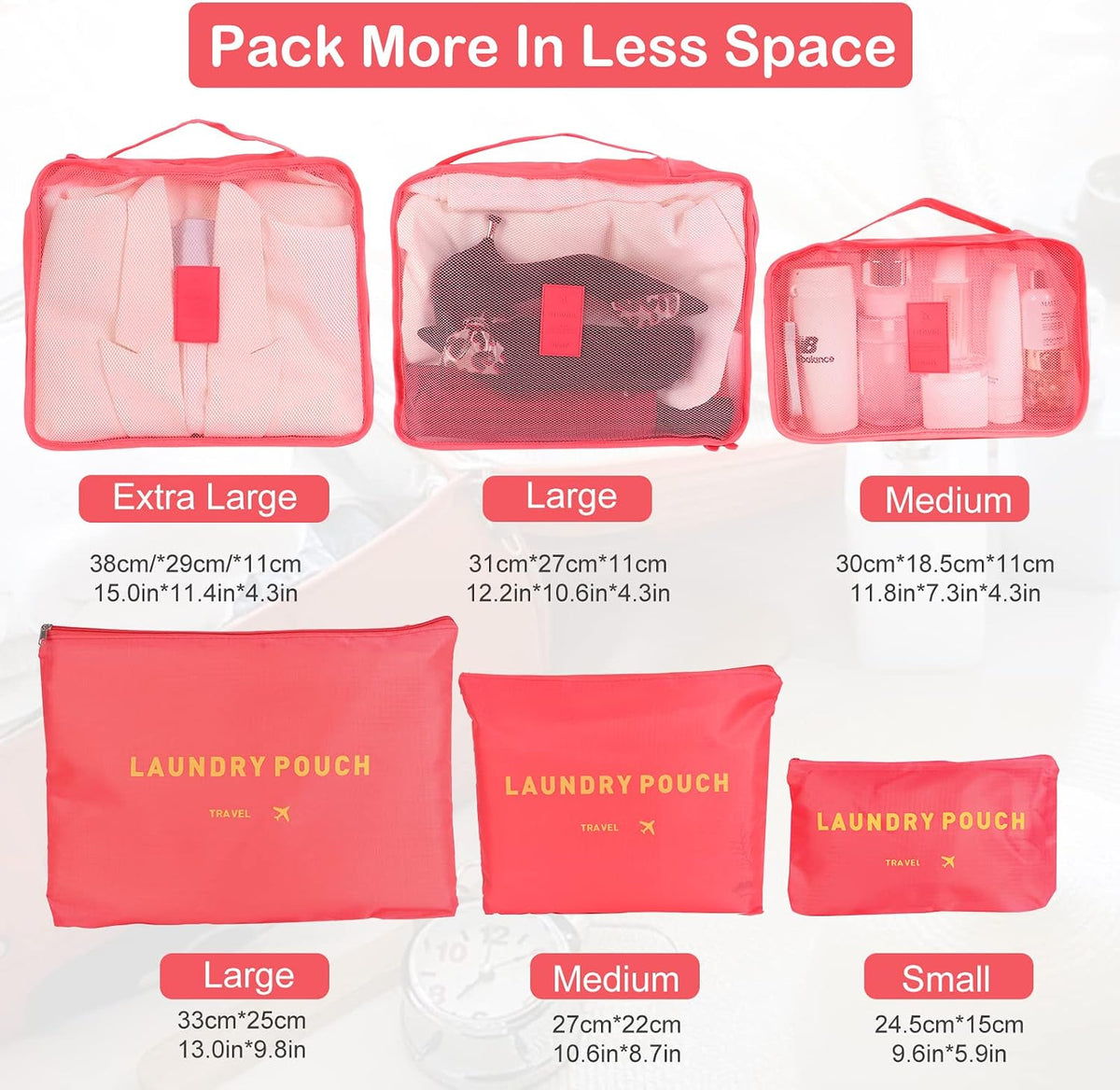 SKY-TOUCH 6-Piece Travel Luggage Organizer Set, Waterproof Packing Cubes and Laundry Bags, Travel Accessories, Watermelon Red - 5