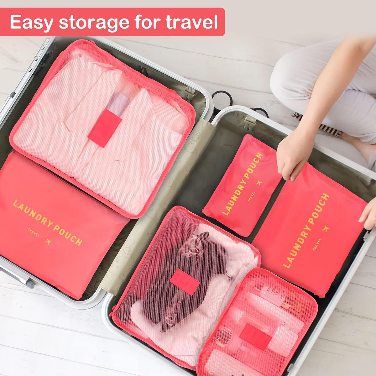 SKY-TOUCH 6-Piece Travel Luggage Organizer Set, Waterproof Packing Cubes and Laundry Bags, Travel Accessories, Watermelon Red - 6