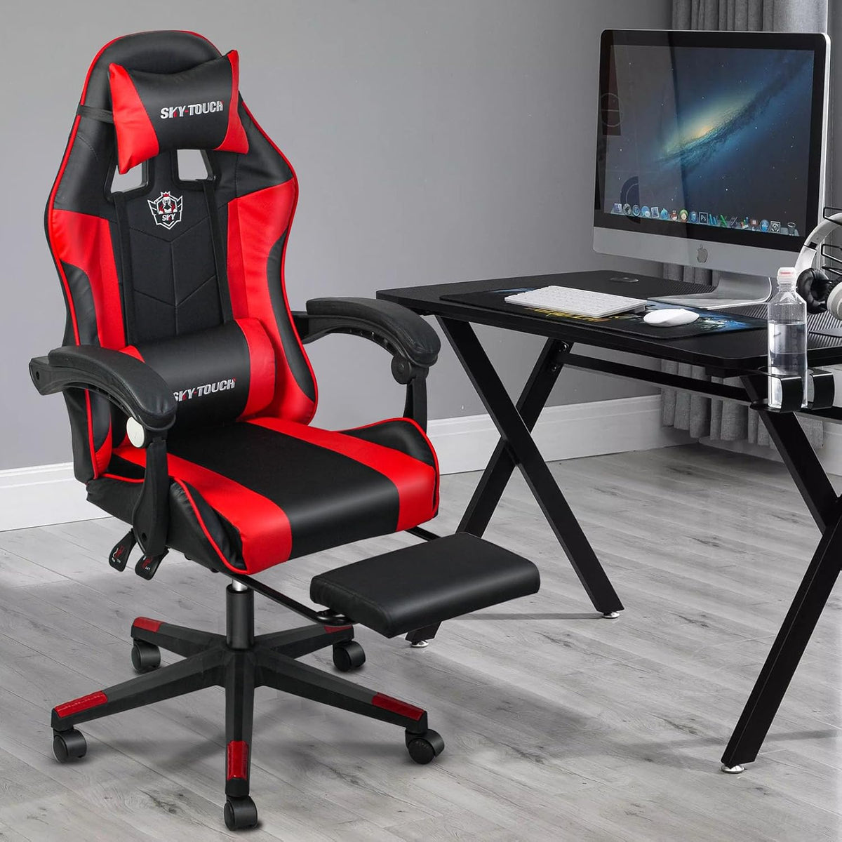 SKY-TOUCH Reclining Ergonomic Gaming Chair with Footrest, High Back PU Leather, Neck Pillow& Lumbar Support, Racing Chair for Gaming, Home, Office, Red - 60x53x120cm (Adjustable Height) - 2