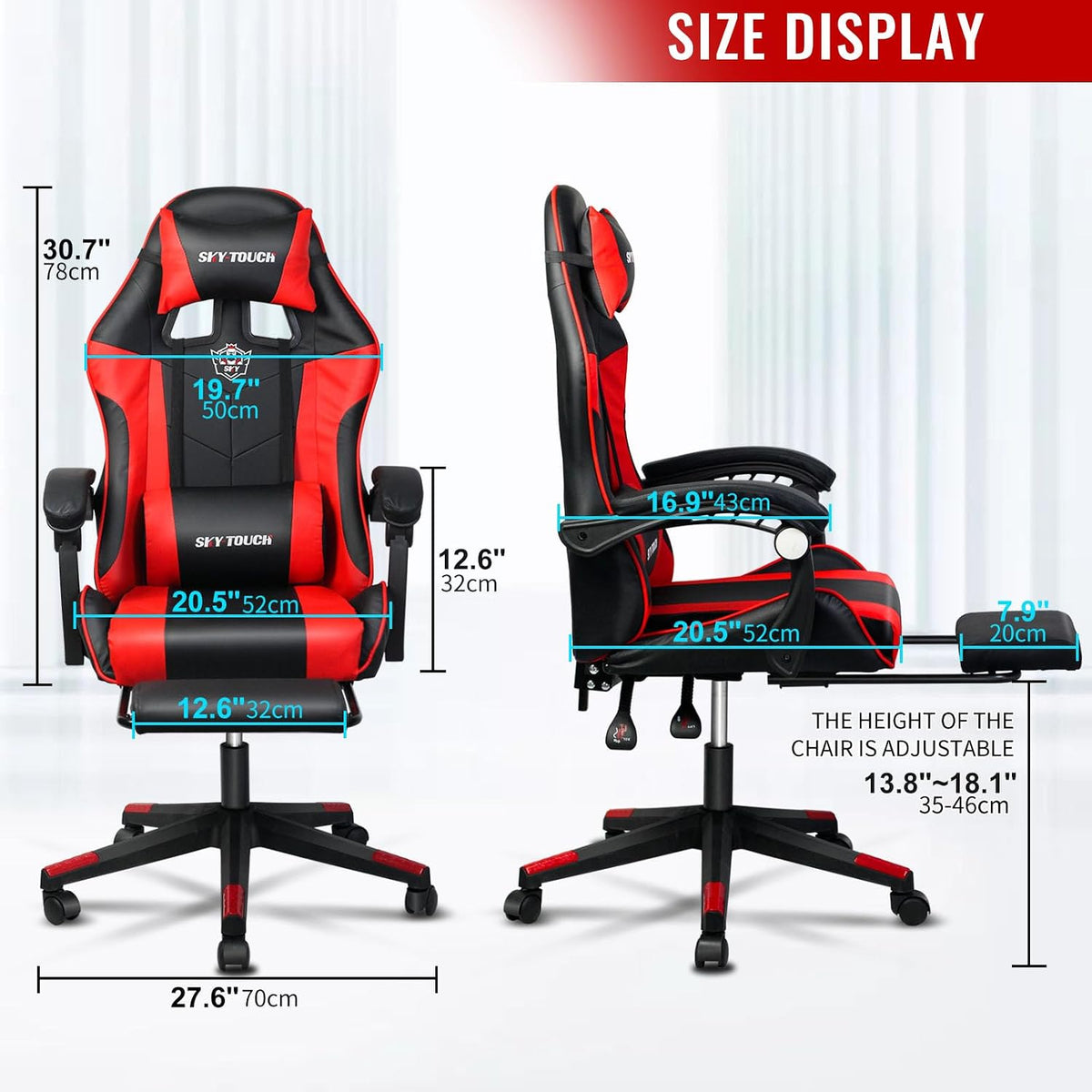 SKY-TOUCH Reclining Ergonomic Gaming Chair with Footrest, High Back PU Leather, Neck Pillow& Lumbar Support, Racing Chair for Gaming, Home, Office, Red - 60x53x120cm (Adjustable Height) - 3