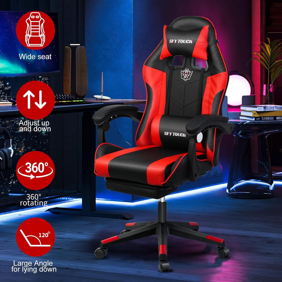 SKY-TOUCH Reclining Ergonomic Gaming Chair with Footrest, High Back PU Leather, Neck Pillow& Lumbar Support, Racing Chair for Gaming, Home, Office, Red - 60x53x120cm (Adjustable Height) - 4