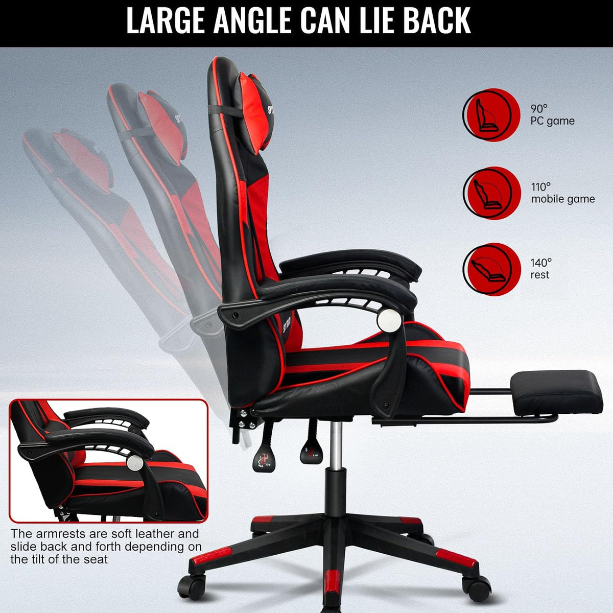 SKY-TOUCH Reclining Ergonomic Gaming Chair with Footrest, High Back PU Leather, Neck Pillow& Lumbar Support, Racing Chair for Gaming, Home, Office, Red - 60x53x120cm (Adjustable Height) - 5