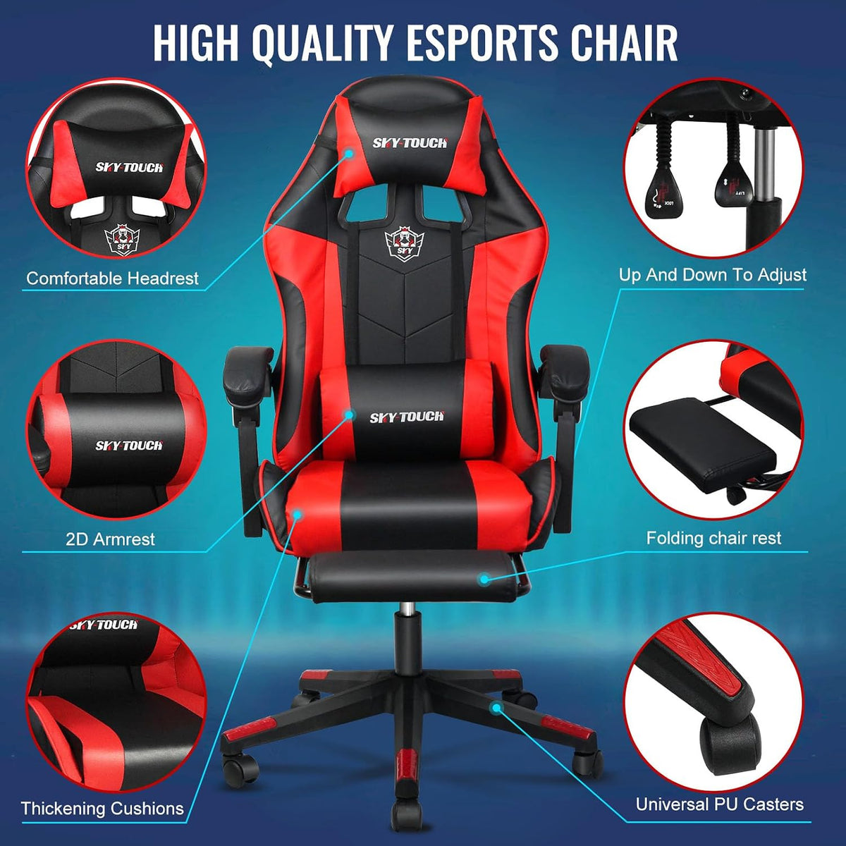 SKY-TOUCH Reclining Ergonomic Gaming Chair with Footrest, High Back PU Leather, Neck Pillow& Lumbar Support, Racing Chair for Gaming, Home, Office, Red - 60x53x120cm (Adjustable Height) - 6