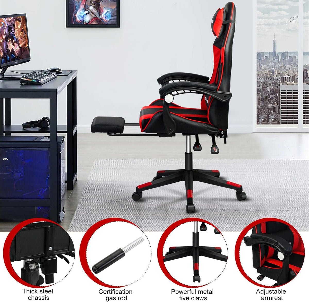 SKY-TOUCH Reclining Ergonomic Gaming Chair with Footrest, High Back PU Leather, Neck Pillow& Lumbar Support, Racing Chair for Gaming, Home, Office, Red - 60x53x120cm (Adjustable Height) - 7