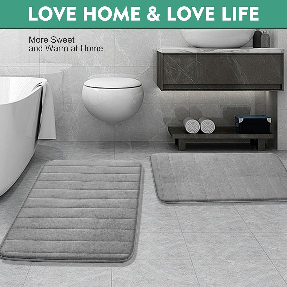 SKY-TOUCH Bath Mat 2 Pack, 50x80cm Memory Foam Bathroom Mat Non Slip,Soft & Comfortable Bath Mat With Highly Absorbent Home Mat for Shower, Tub and Floor - 7