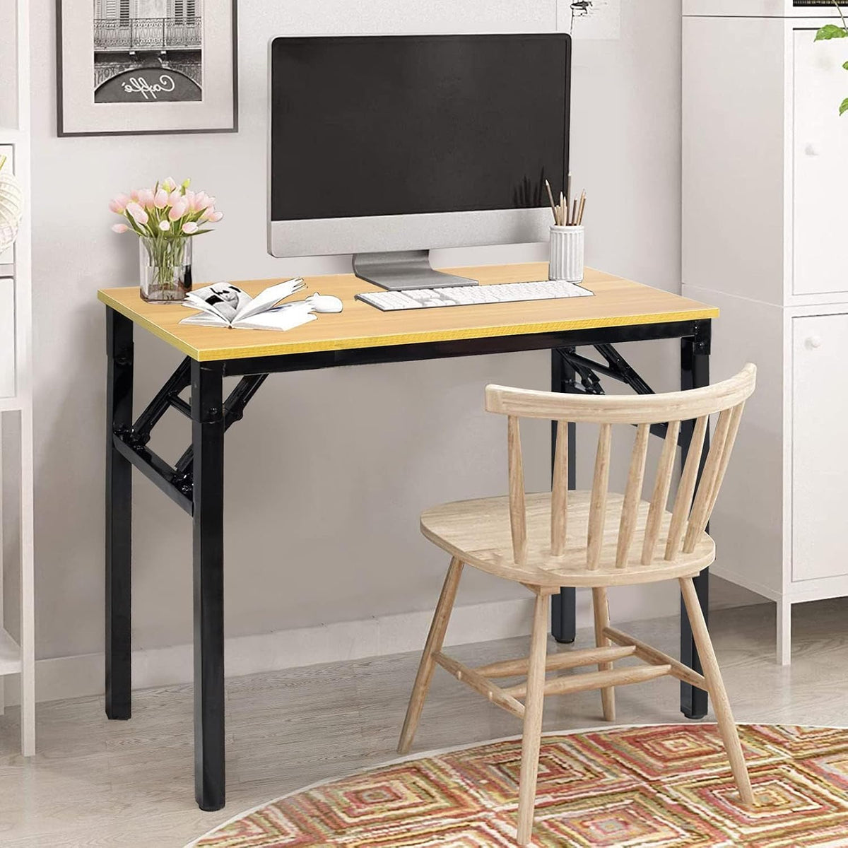 SKY-TOUCH Folding Table Multi Functional Standing Desk With Adjustable Height Legs,for Camping, Garden, Picnic,Coffee,Bbq,No Install Needed Yellow Color Desktop Black Frame(100x50x75cm) - 2