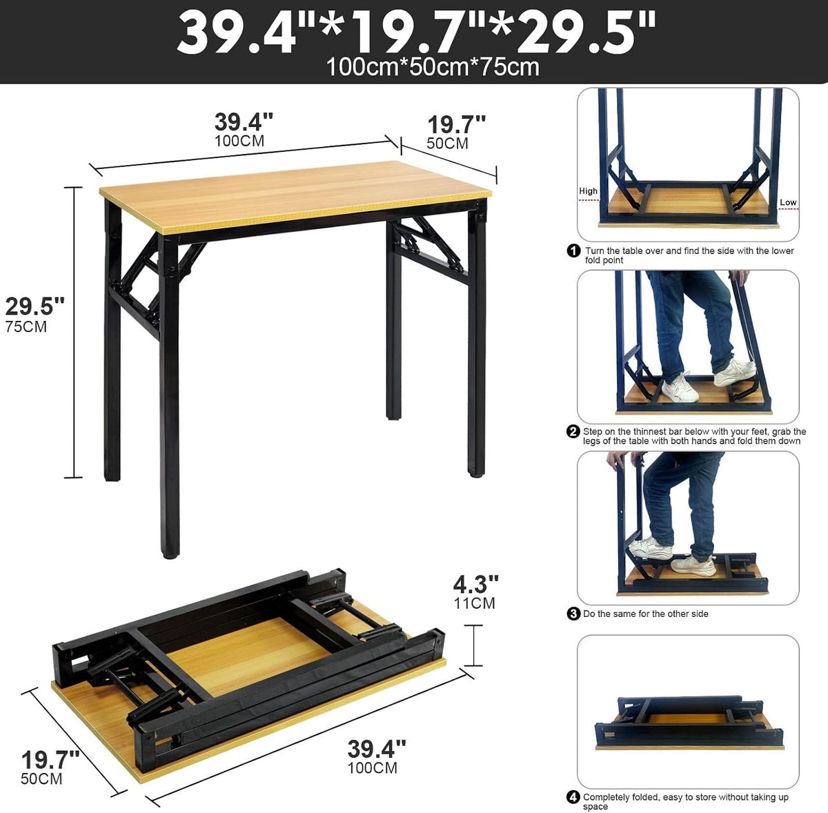 SKY-TOUCH Folding Table Multi Functional Standing Desk With Adjustable Height Legs,for Camping, Garden, Picnic,Coffee,Bbq,No Install Needed Yellow Color Desktop Black Frame(100x50x75cm) - 3