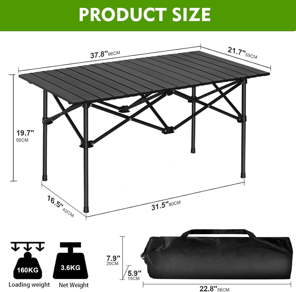 SKY-TOUCH Outdoor Camping Table,Picnic Table, Lightweight Folding Picnic Table,with Metal Table Top and Carry Bag,Easy to Carry,for Outdoor, Picnic, Cooking, Beach, Hiking, Fishing,95×57×50cm,Black - 2