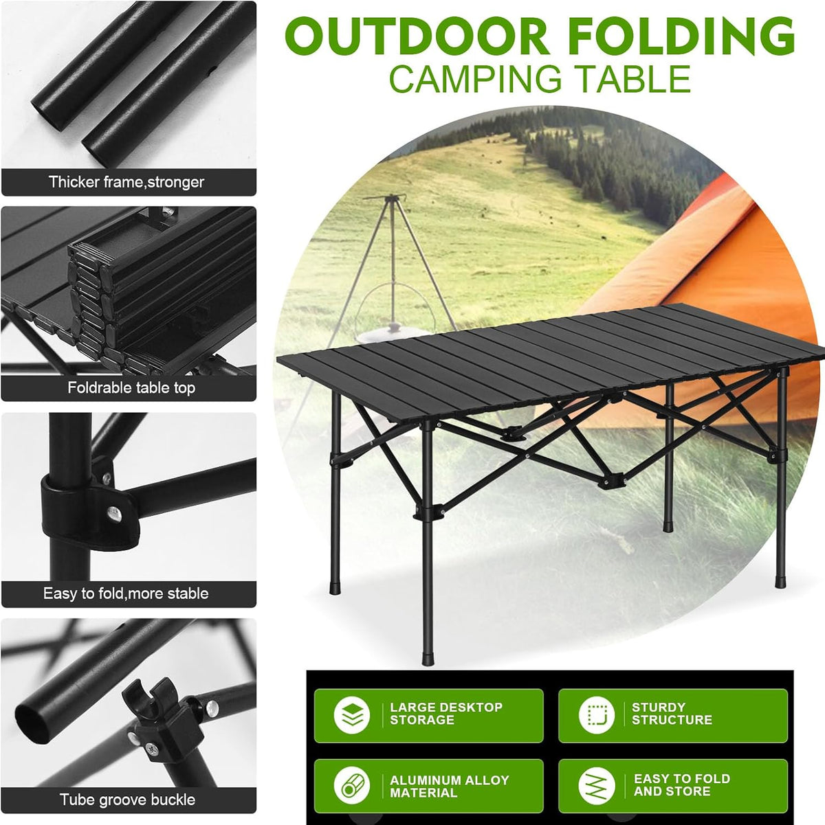 SKY-TOUCH Outdoor Camping Table,Picnic Table, Lightweight Folding Picnic Table,with Metal Table Top and Carry Bag,Easy to Carry,for Outdoor, Picnic, Cooking, Beach, Hiking, Fishing,95×57×50cm,Black - 6