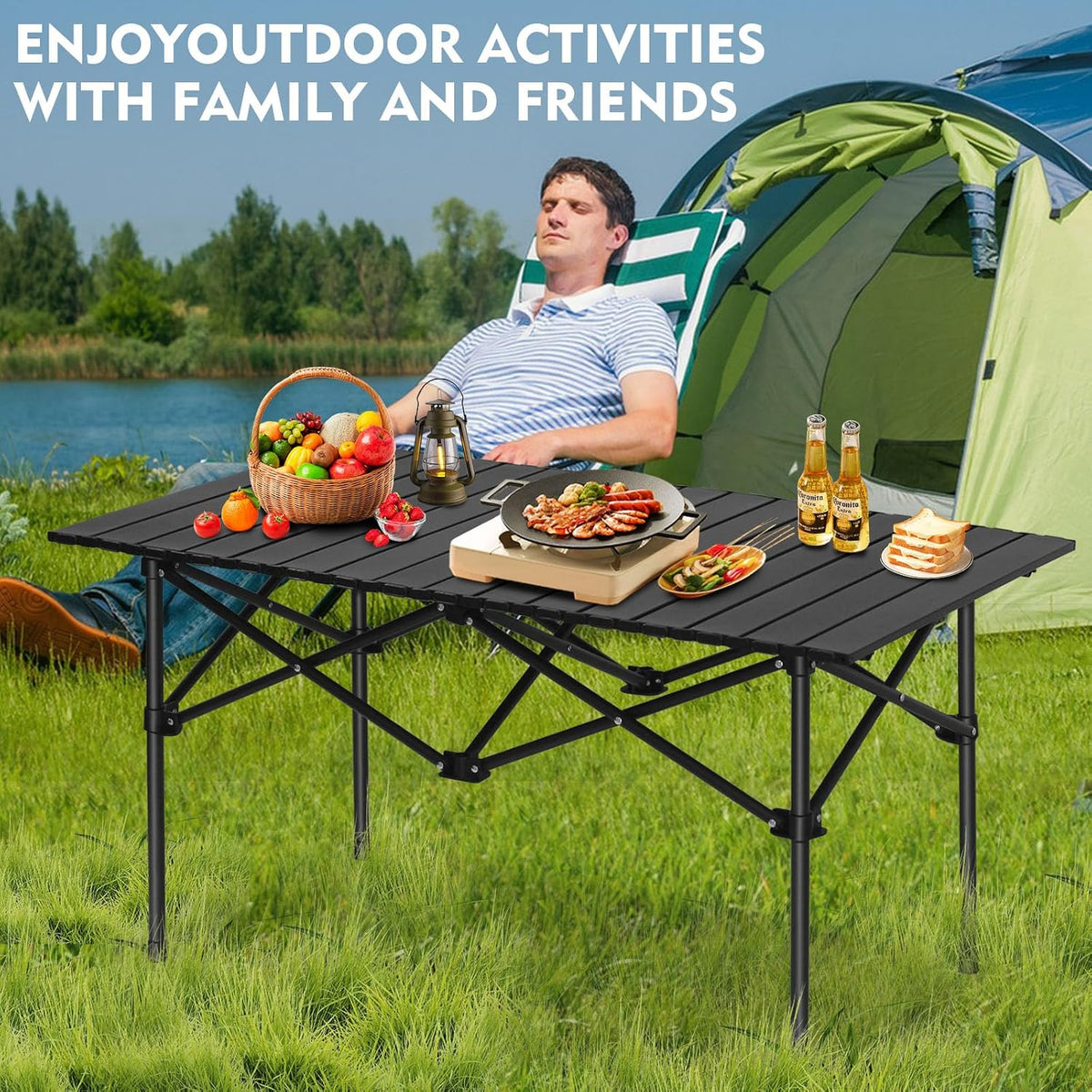 SKY-TOUCH Outdoor Camping Table,Picnic Table, Lightweight Folding Picnic Table,with Metal Table Top and Carry Bag,Easy to Carry,for Outdoor, Picnic, Cooking, Beach, Hiking, Fishing,95×57×50cm,Black - 7