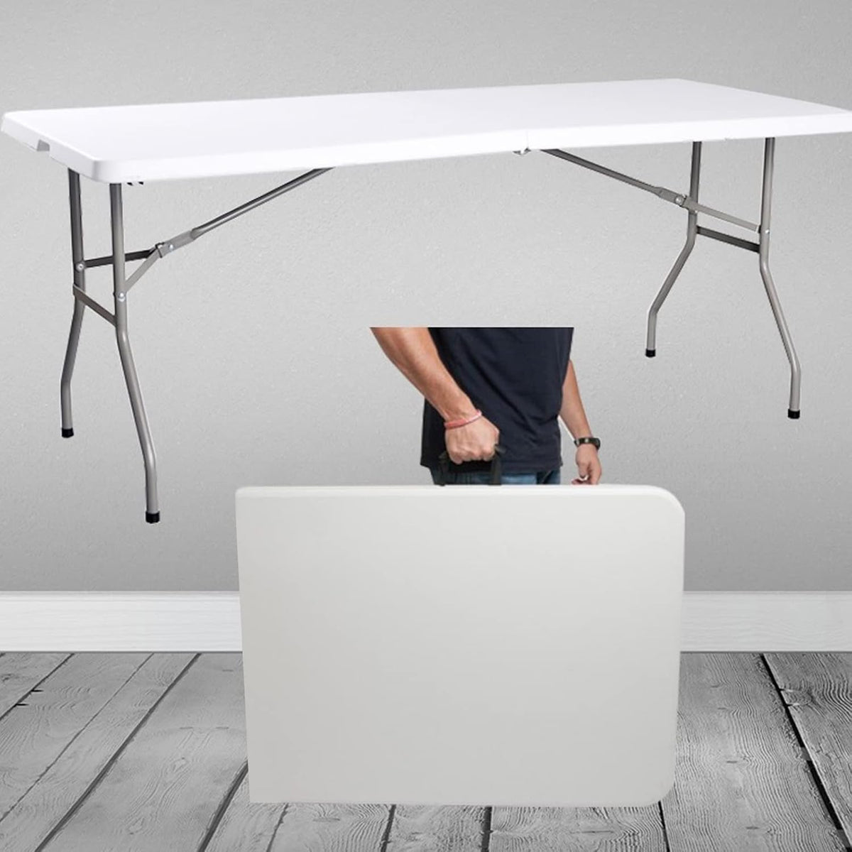 SKY-TOUCH Lightweight Folding Trestle Table, 180x75x75cm, Heavy-Duty Plastic Picnic and Camping Table with Carry Handle, Foldable for BBQ and Outdoor Parties, White - 2