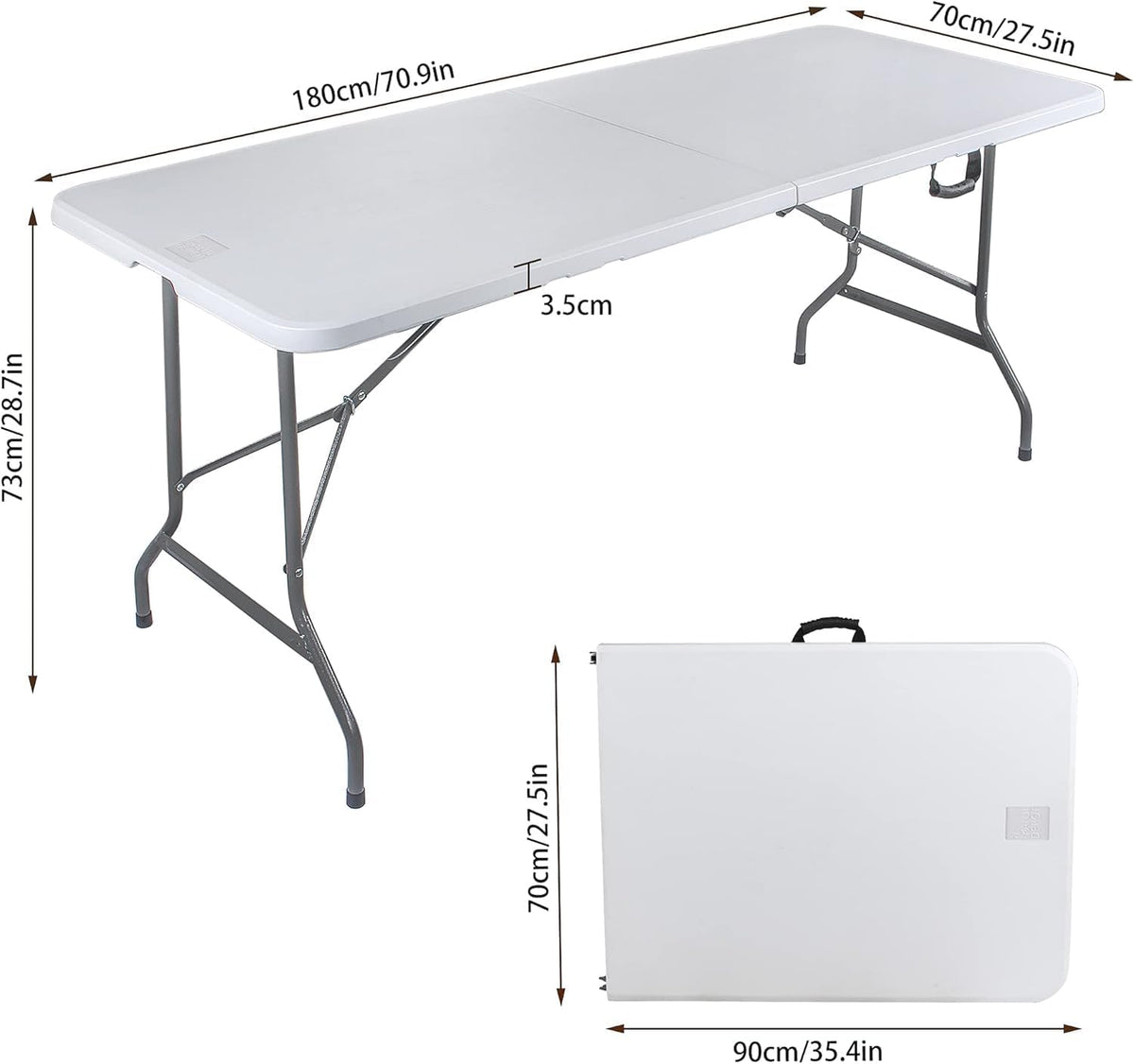 SKY-TOUCH Lightweight Folding Trestle Table, 180x75x75cm, Heavy-Duty Plastic Picnic and Camping Table with Carry Handle, Foldable for BBQ and Outdoor Parties, White - 3