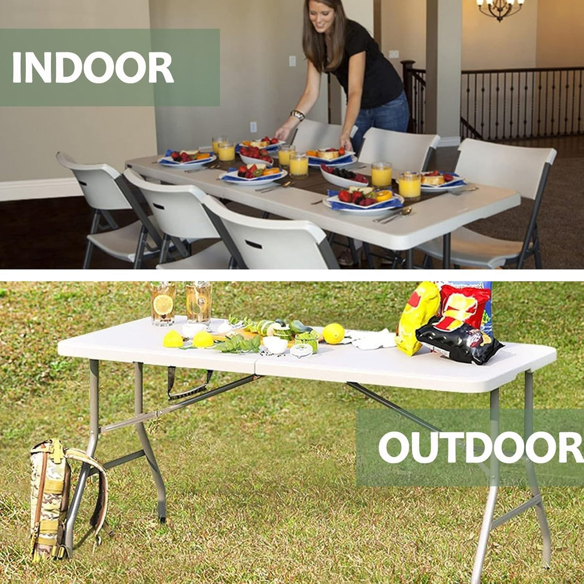 SKY-TOUCH Lightweight Folding Trestle Table, 180x75x75cm, Heavy-Duty Plastic Picnic and Camping Table with Carry Handle, Foldable for BBQ and Outdoor Parties, White - 4