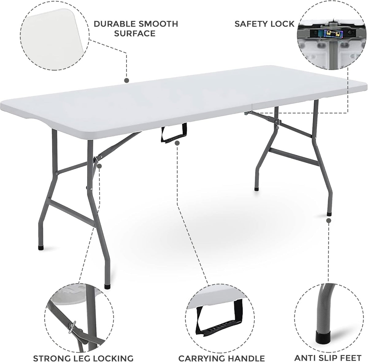 SKY-TOUCH Lightweight Folding Trestle Table, 180x75x75cm, Heavy-Duty Plastic Picnic and Camping Table with Carry Handle, Foldable for BBQ and Outdoor Parties, White - 5