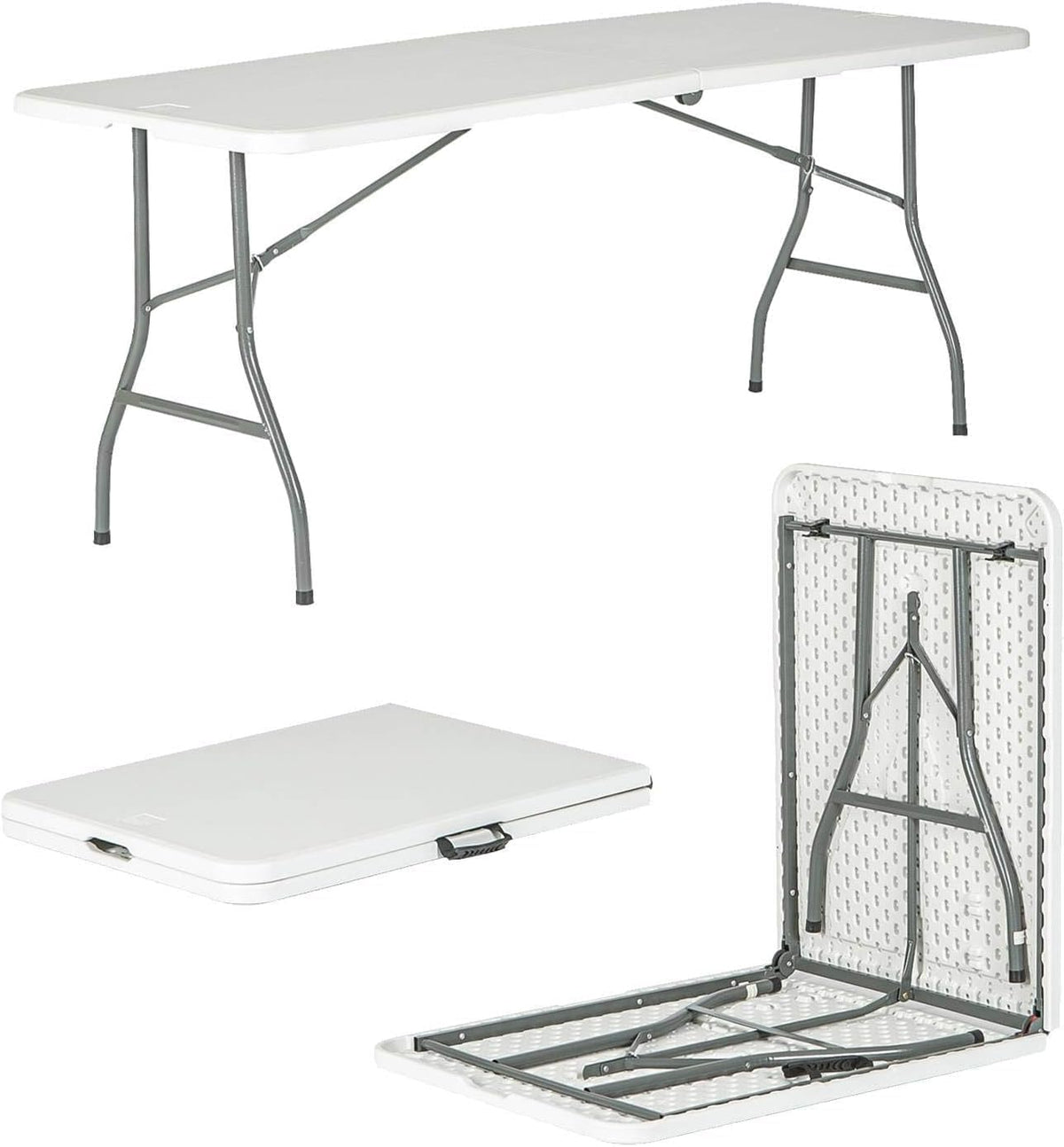 SKY-TOUCH Lightweight Folding Trestle Table, 180x75x75cm, Heavy-Duty Plastic Picnic and Camping Table with Carry Handle, Foldable for BBQ and Outdoor Parties, White
