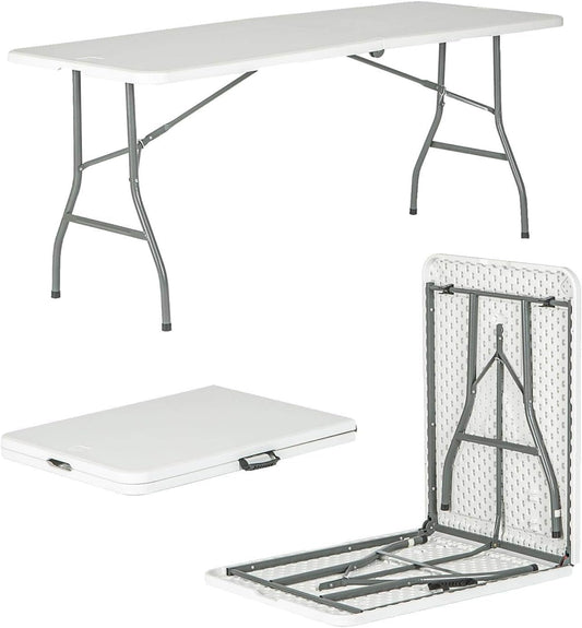 SKY-TOUCH Lightweight Folding Trestle Table, 180x75x75cm, Heavy-Duty Plastic Picnic and Camping Table with Carry Handle, Foldable for BBQ and Outdoor Parties, White