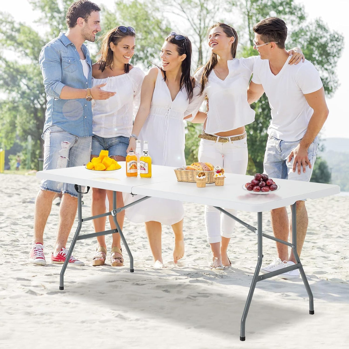 SKY-TOUCH Lightweight Folding Trestle Table, 150x70x75cm, Heavy-Duty Plastic Picnic and Camping Table with Carry Handle, Foldable for BBQ and Outdoor Parties, White - 2