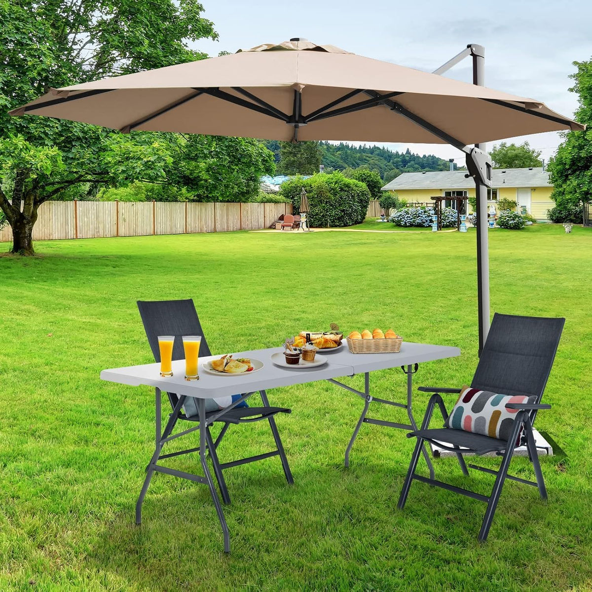 SKY-TOUCH Lightweight Folding Trestle Table, 150x70x75cm, Heavy-Duty Plastic Picnic and Camping Table with Carry Handle, Foldable for BBQ and Outdoor Parties, White - 4