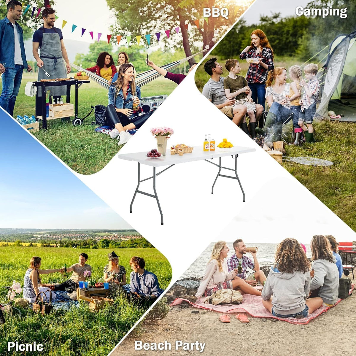 SKY-TOUCH Lightweight Folding Trestle Table, 150x70x75cm, Heavy-Duty Plastic Picnic and Camping Table with Carry Handle, Foldable for BBQ and Outdoor Parties, White - 5