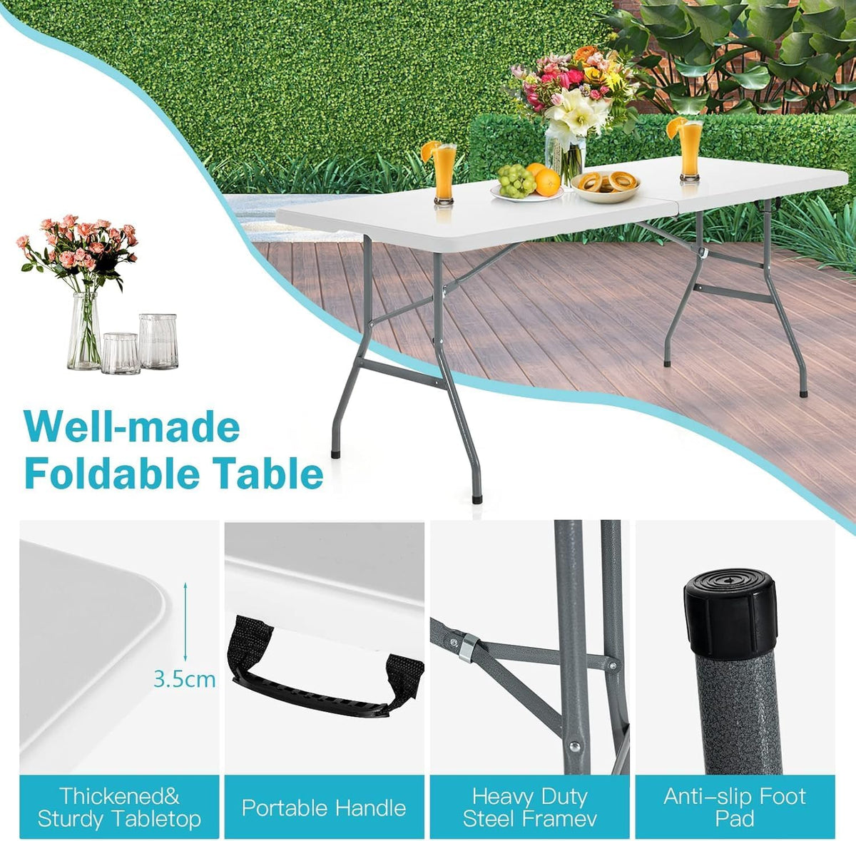 SKY-TOUCH Lightweight Folding Trestle Table, 150x70x75cm, Heavy-Duty Plastic Picnic and Camping Table with Carry Handle, Foldable for BBQ and Outdoor Parties, White - 6
