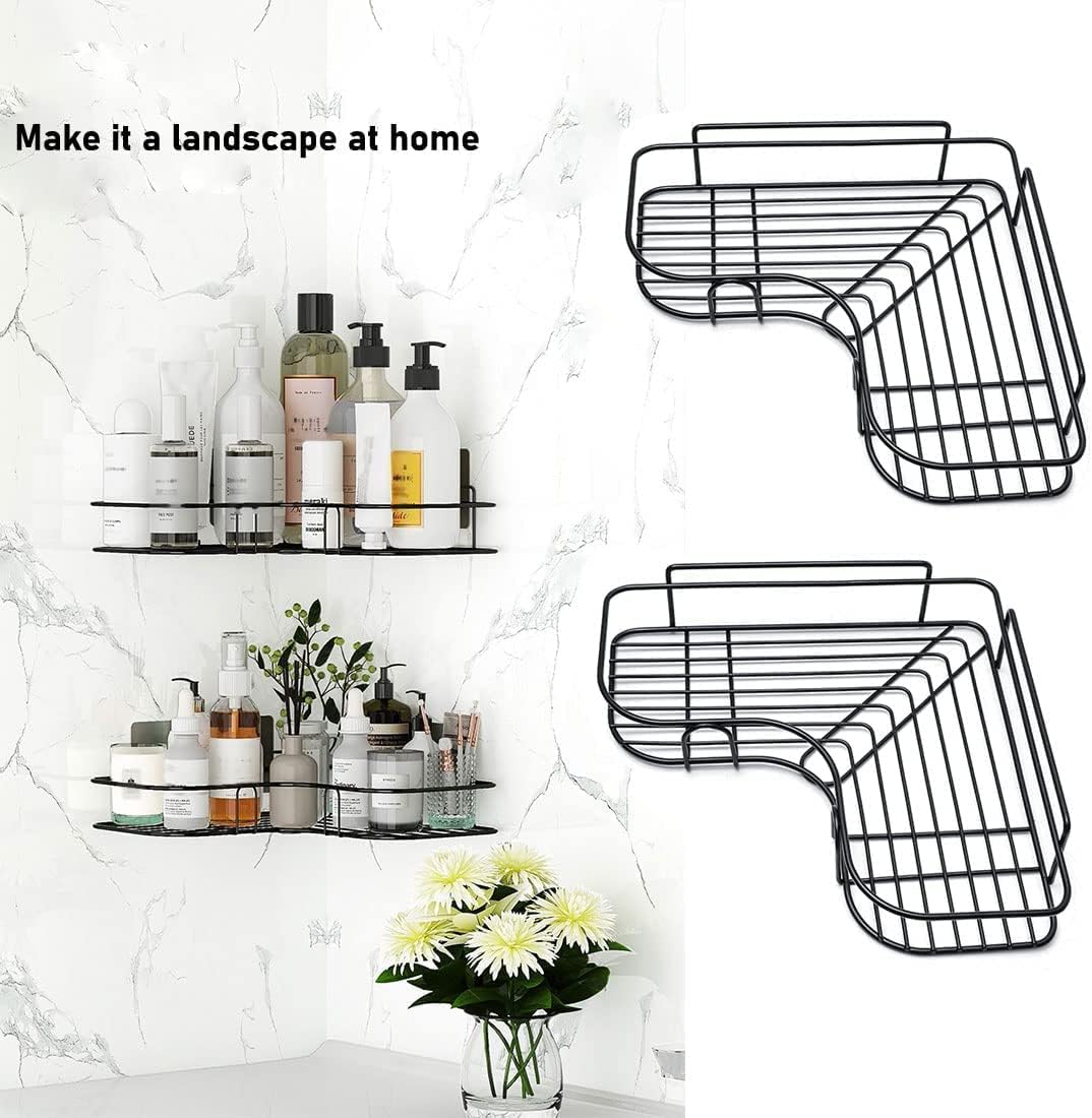 SKY-TOUCH 2-Piece Corner Shower Shelves, No-Drill Self-Adhesive Wall-Mounted Storage Organizer for Bathroom, Kitchen, and Toilet, Black Iron, 26x26x6cm - 2