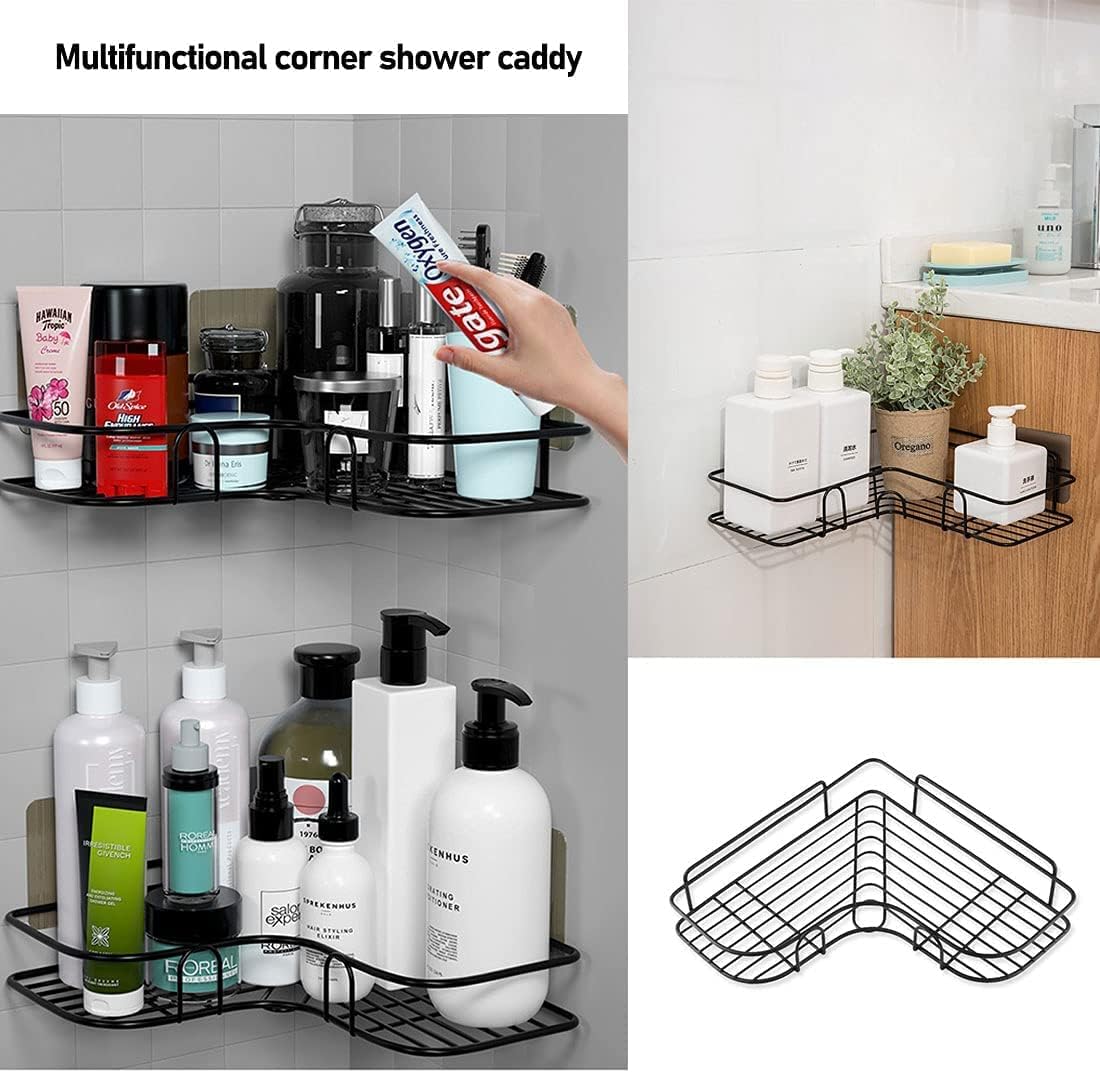 SKY-TOUCH 2-Piece Corner Shower Shelves, No-Drill Self-Adhesive Wall-Mounted Storage Organizer for Bathroom, Kitchen, and Toilet, Black Iron, 26x26x6cm - 3