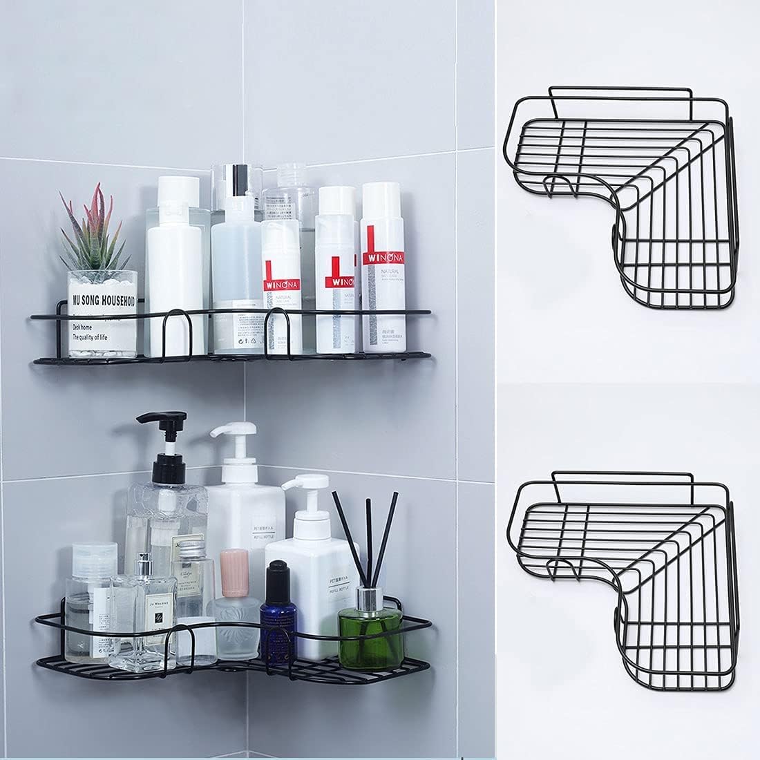 SKY-TOUCH 2-Piece Corner Shower Shelves, No-Drill Self-Adhesive Wall-Mounted Storage Organizer for Bathroom, Kitchen, and Toilet, Black Iron, 26x26x6cm - 4