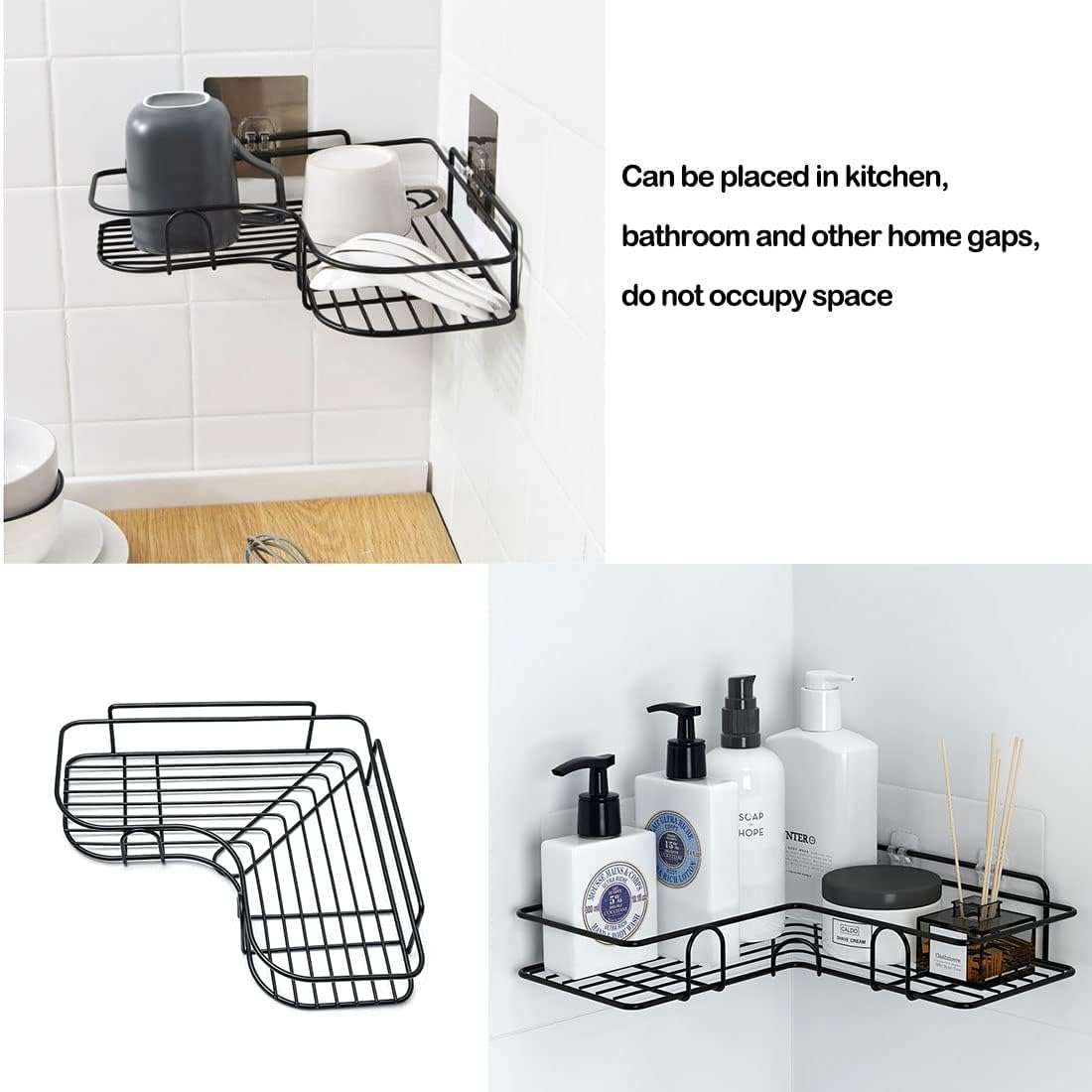 SKY-TOUCH 2-Piece Corner Shower Shelves, No-Drill Self-Adhesive Wall-Mounted Storage Organizer for Bathroom, Kitchen, and Toilet, Black Iron, 26x26x6cm - 5