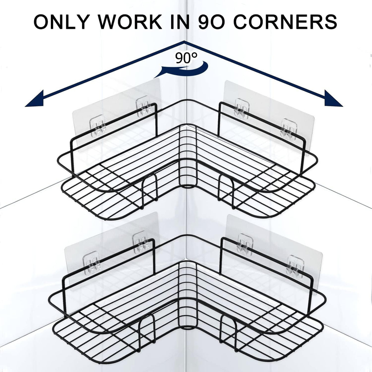 SKY-TOUCH 2-Piece Corner Shower Shelves, No-Drill Self-Adhesive Wall-Mounted Storage Organizer for Bathroom, Kitchen, and Toilet, Black Iron, 26x26x6cm - 6