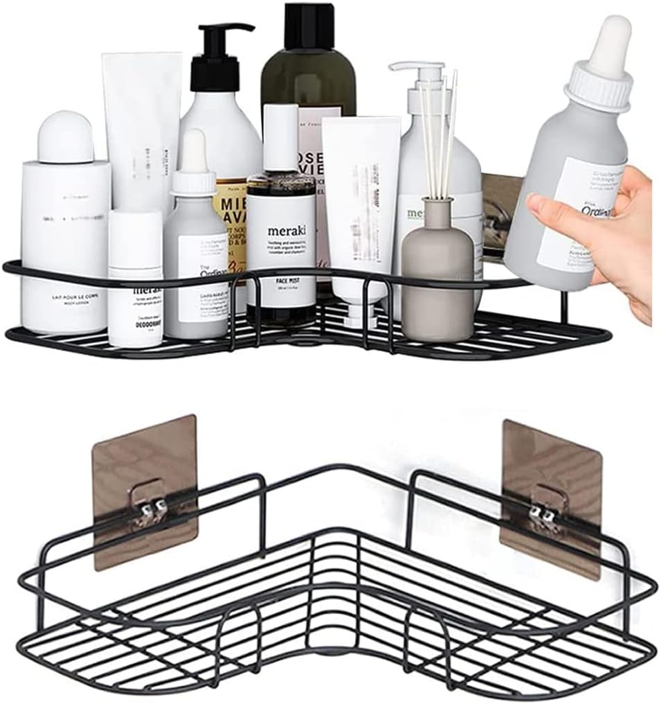 SKY-TOUCH 2-Piece Corner Shower Shelves, No-Drill Self-Adhesive Wall-Mounted Storage Organizer for Bathroom, Kitchen, and Toilet, Black Iron, 26x26x6cm