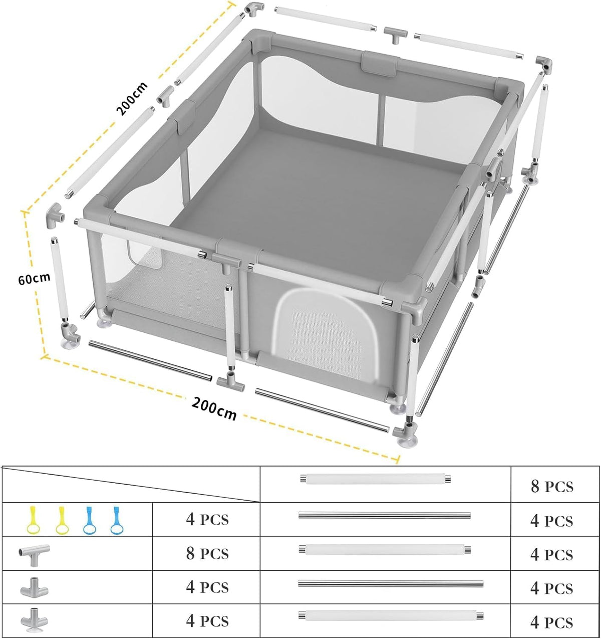 SKY-TOUCH Baby Playpen, 200x200cm Extra Large Playard for Babies and Toddlers, Sturdy Anti-Fall Activity Center with Breathable Mesh and Zipper Door, Anti-Slip Suction Cup Base - with 4 Pull-Up Ring - 2
