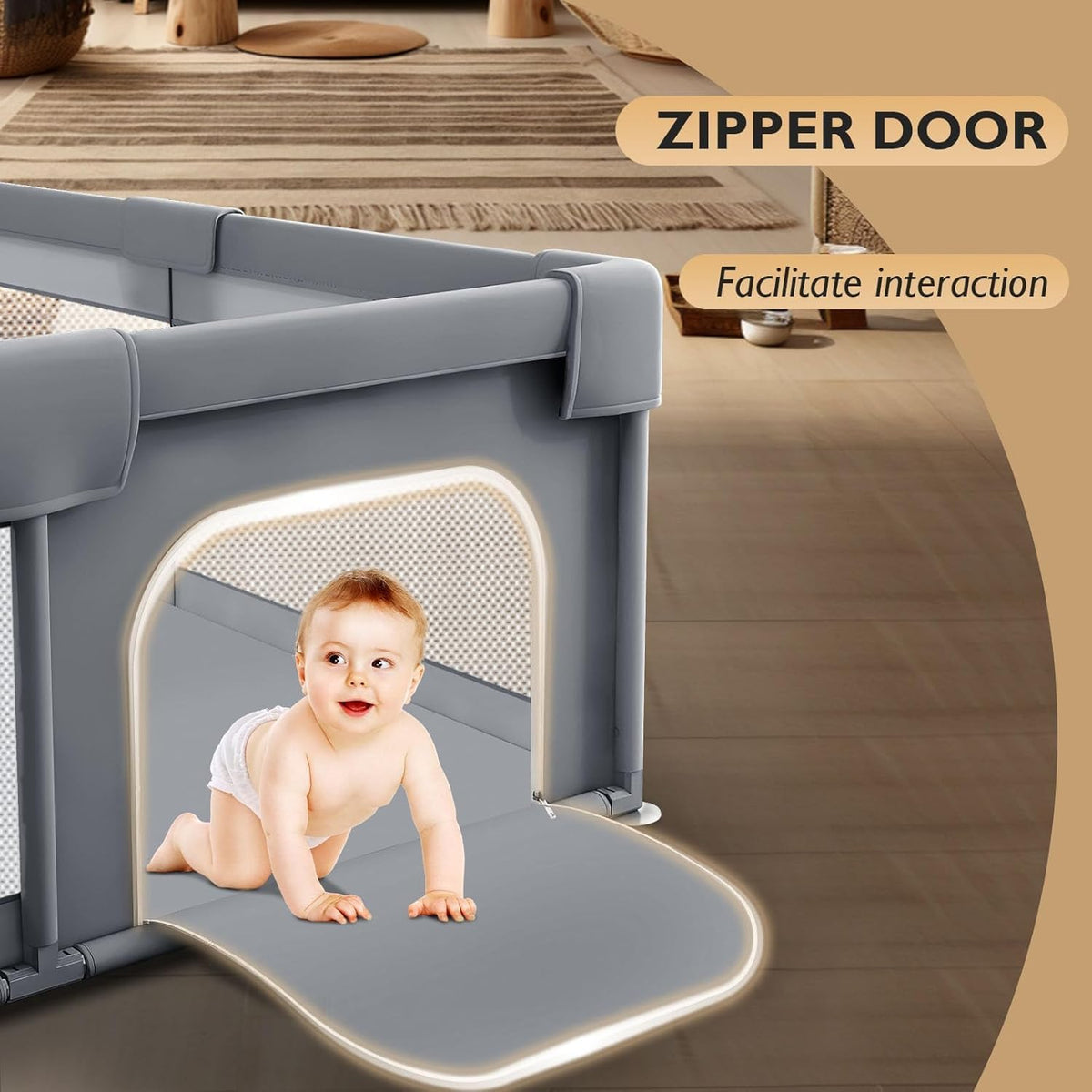 SKY-TOUCH Baby Playpen, 200x200cm Extra Large Playard for Babies and Toddlers, Sturdy Anti-Fall Activity Center with Breathable Mesh and Zipper Door, Anti-Slip Suction Cup Base - with 4 Pull-Up Ring - 3