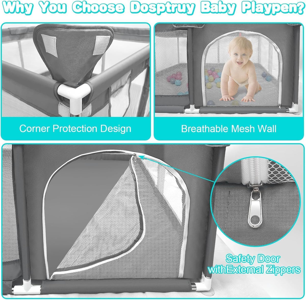 SKY-TOUCH Baby Playpen, 200x200cm Extra Large Playard for Babies and Toddlers, Sturdy Anti-Fall Activity Center with Breathable Mesh and Zipper Door, Anti-Slip Suction Cup Base - with 4 Pull-Up Ring - 5