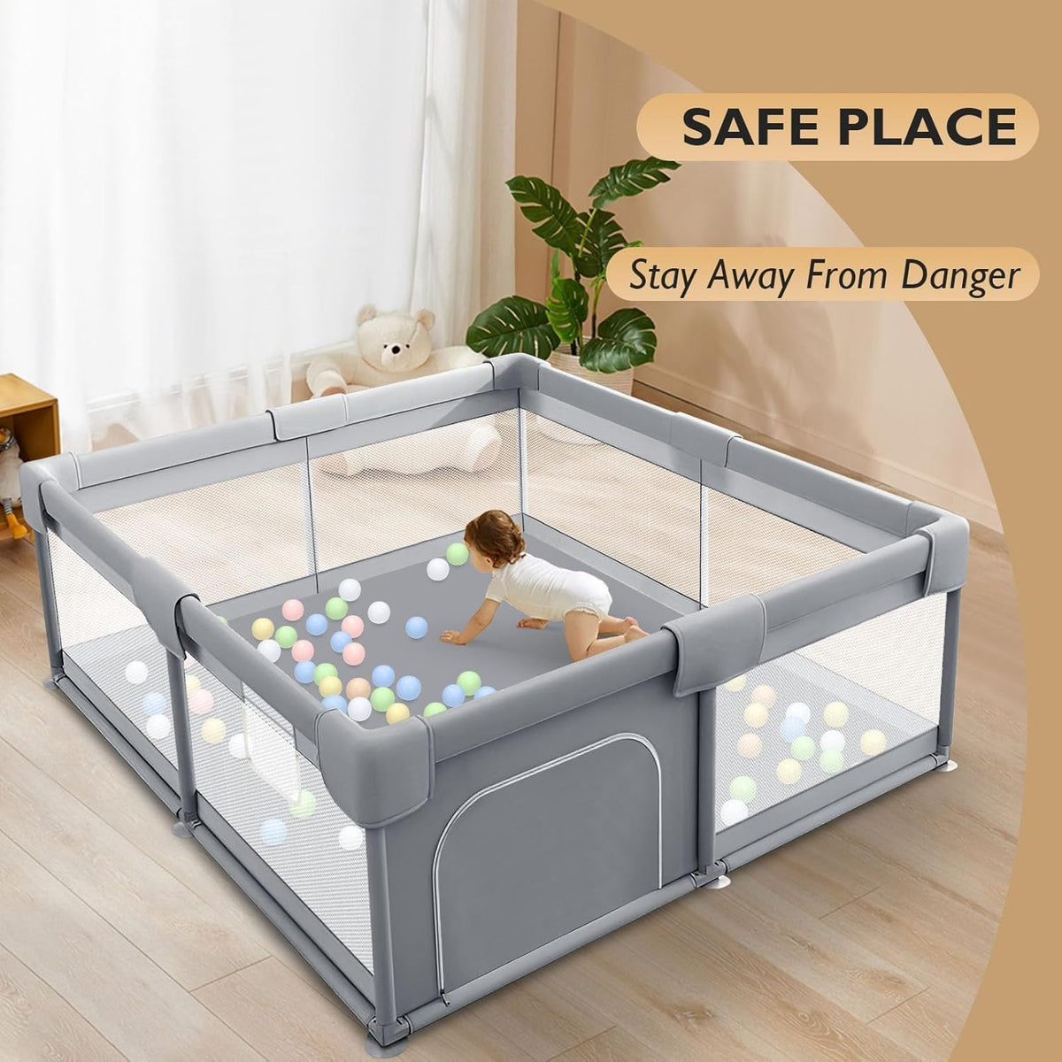 SKY-TOUCH Baby Playpen, 200x200cm Extra Large Playard for Babies and Toddlers, Sturdy Anti-Fall Activity Center with Breathable Mesh and Zipper Door, Anti-Slip Suction Cup Base - with 4 Pull-Up Ring - 7