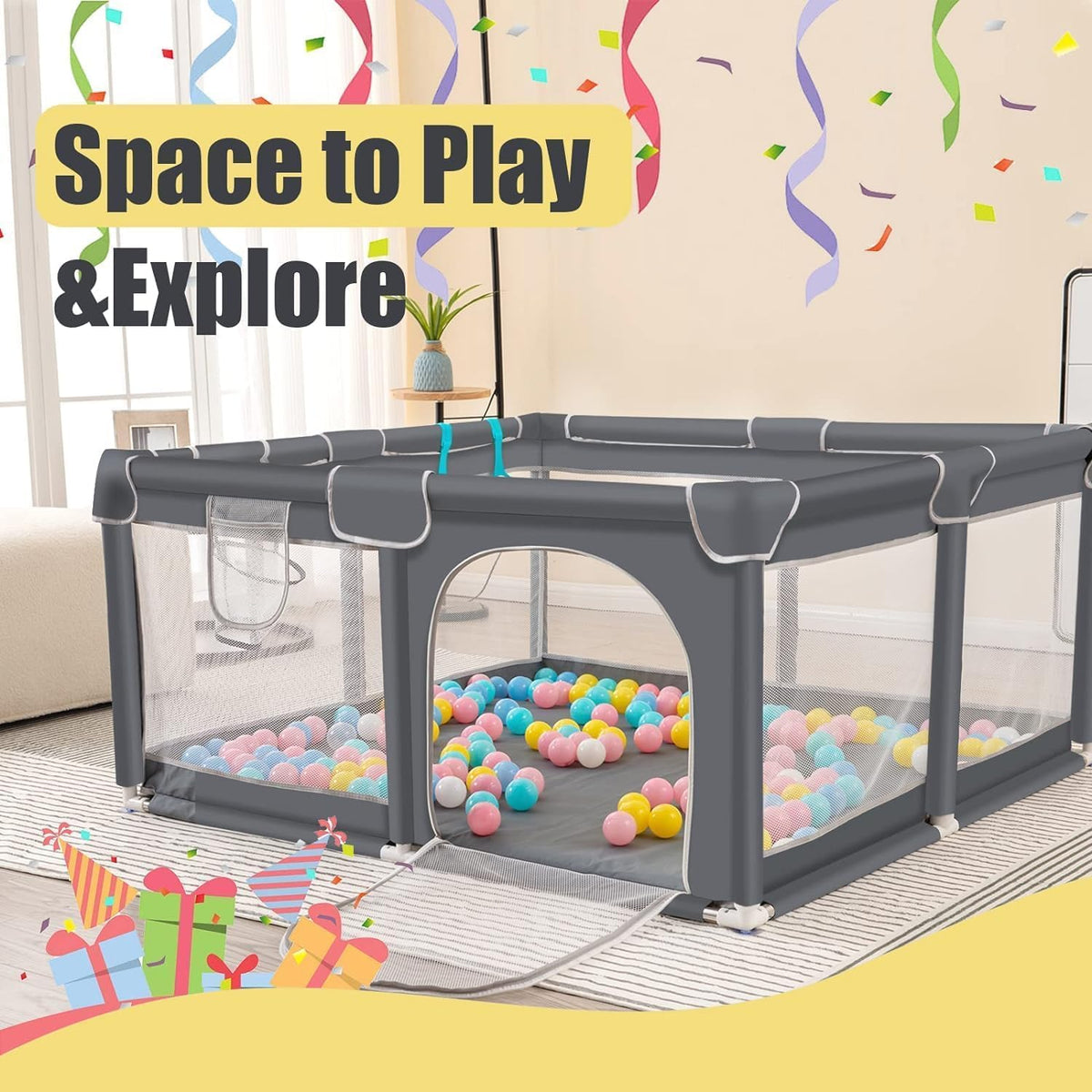 SKY-TOUCH Baby Playpen, 200x200cm Extra Large Playard for Babies and Toddlers, Sturdy Anti-Fall Activity Center with Breathable Mesh and Zipper Door, Anti-Slip Suction Cup Base - with 4 Pull-Up Ring - 8